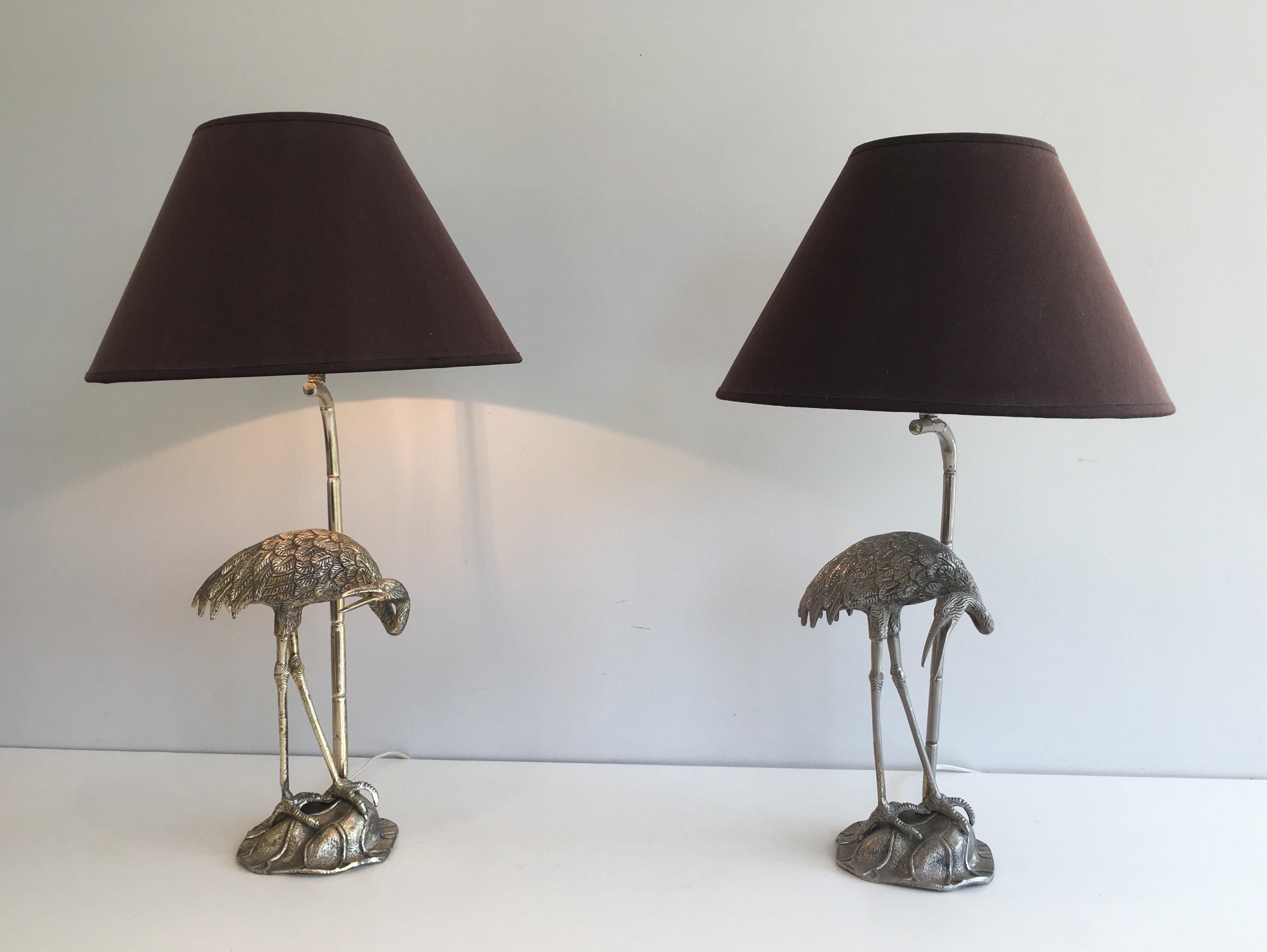 Pair of Silvered Herons Table Lamps. French work by Maison Bagués. Circa 1940 2