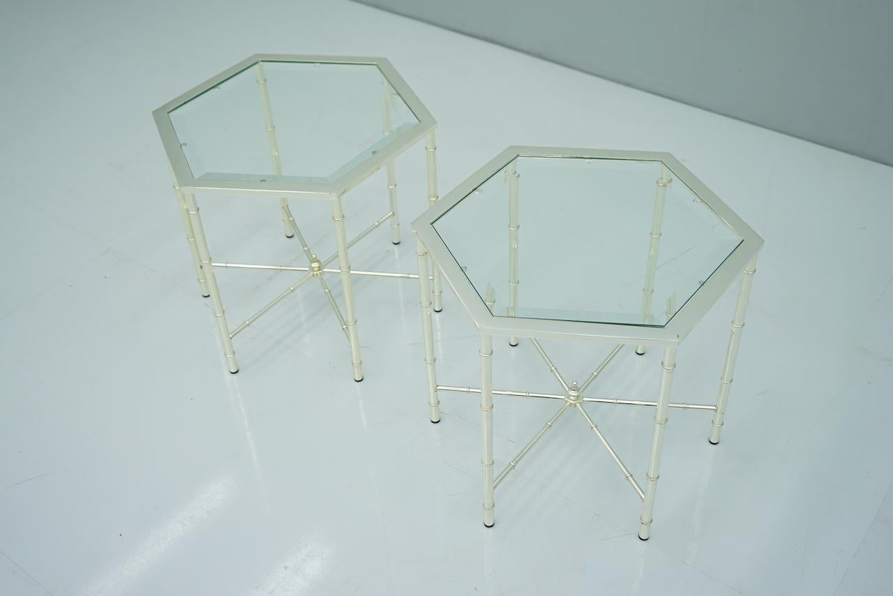Hollywood Regency Pair of Silvered Hexagonal Side Tables, 1970s For Sale