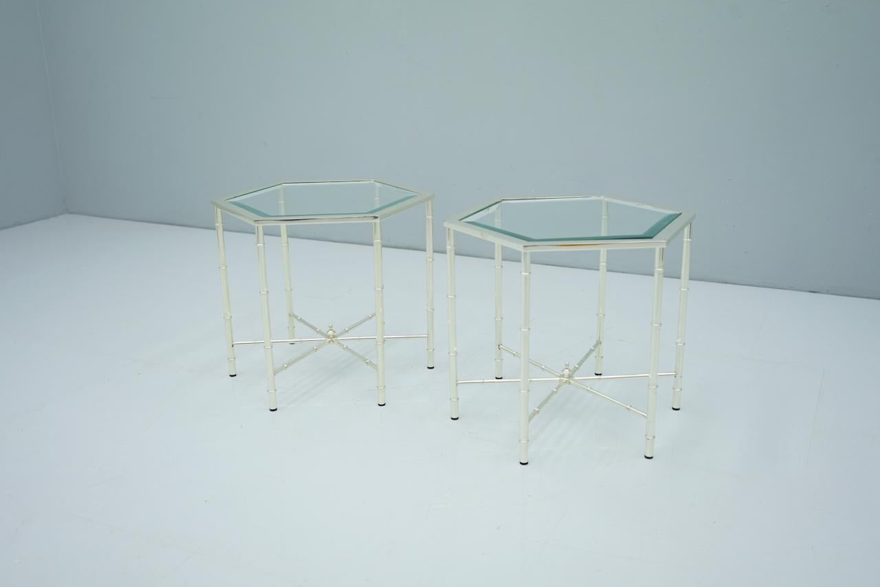 French Pair of Silvered Hexagonal Side Tables, 1970s For Sale