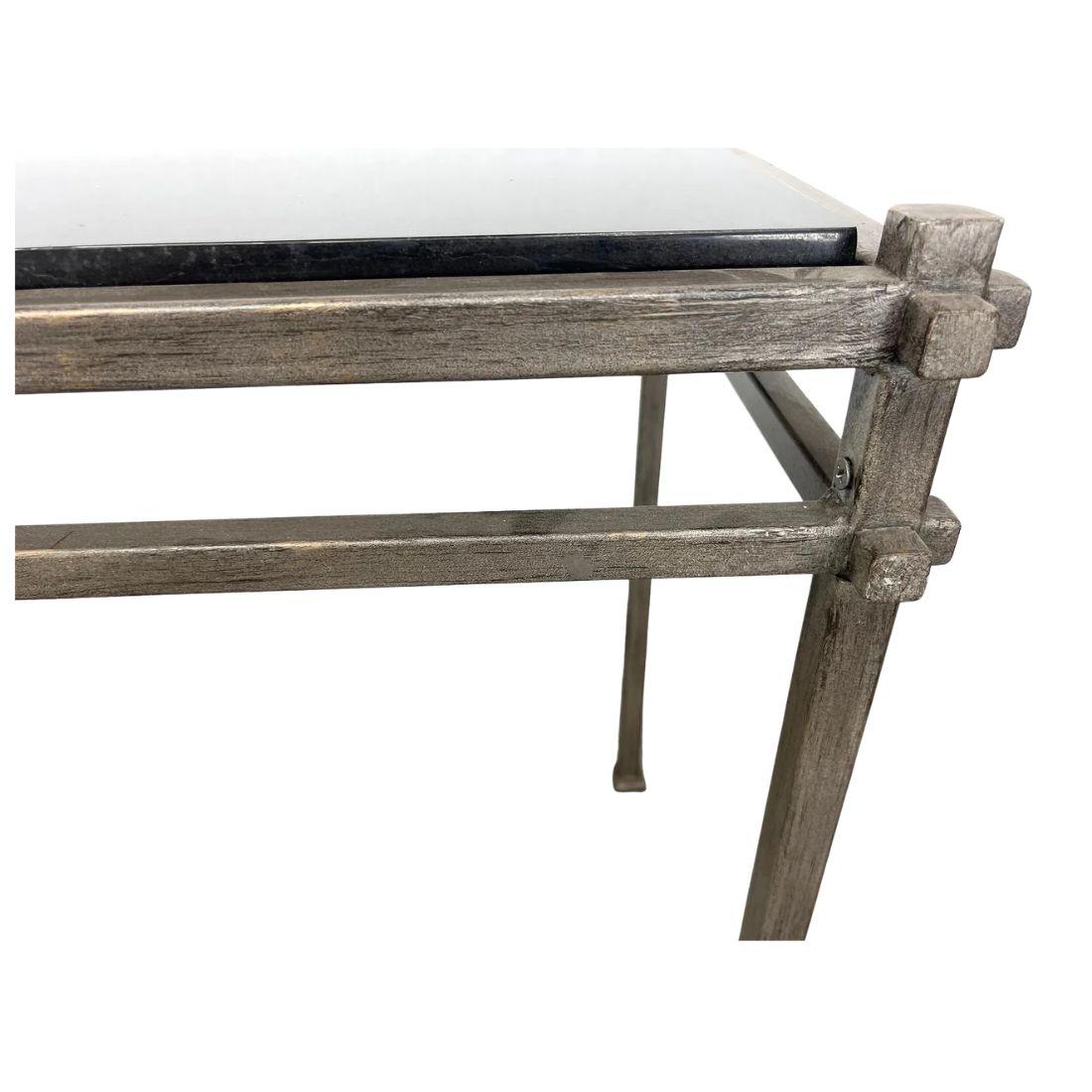 Hand-Painted Pair of Silvered Iron Console Tables With Black Granite Top For Sale