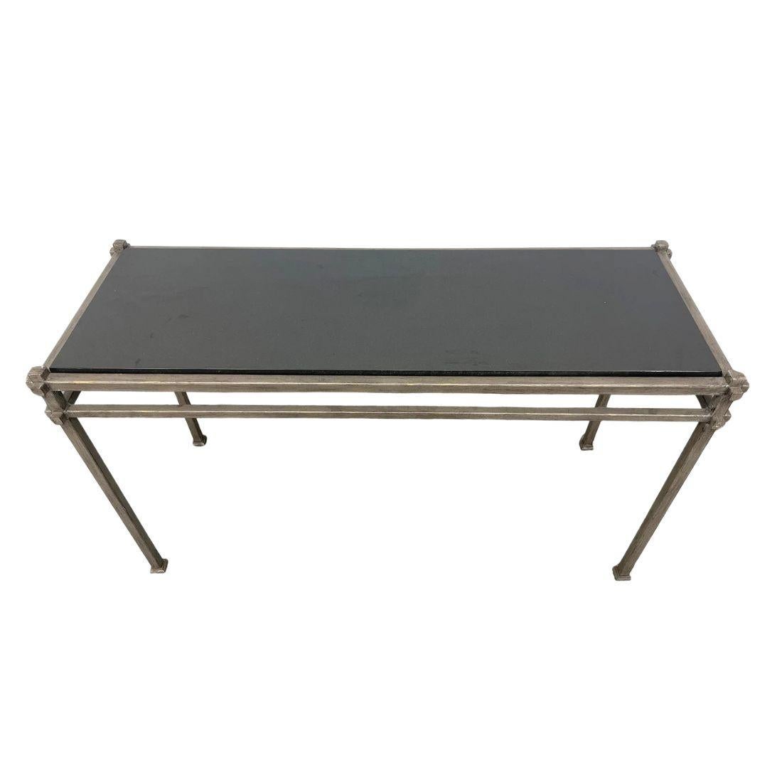 20th Century Pair of Silvered Iron Console Tables With Black Granite Top For Sale