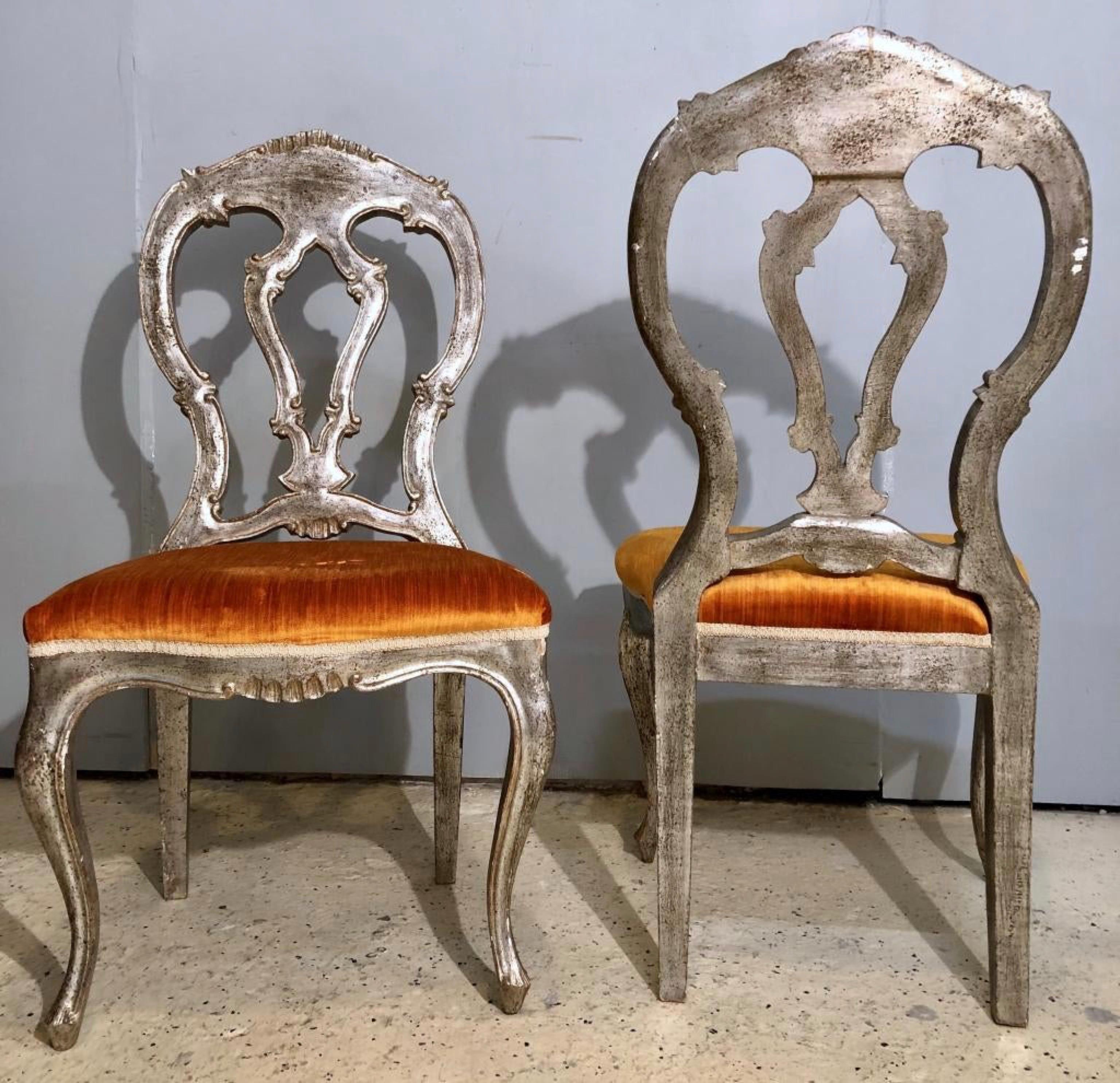 20th Century Pair of Silvered Italian Rococo Side Chairs For Sale