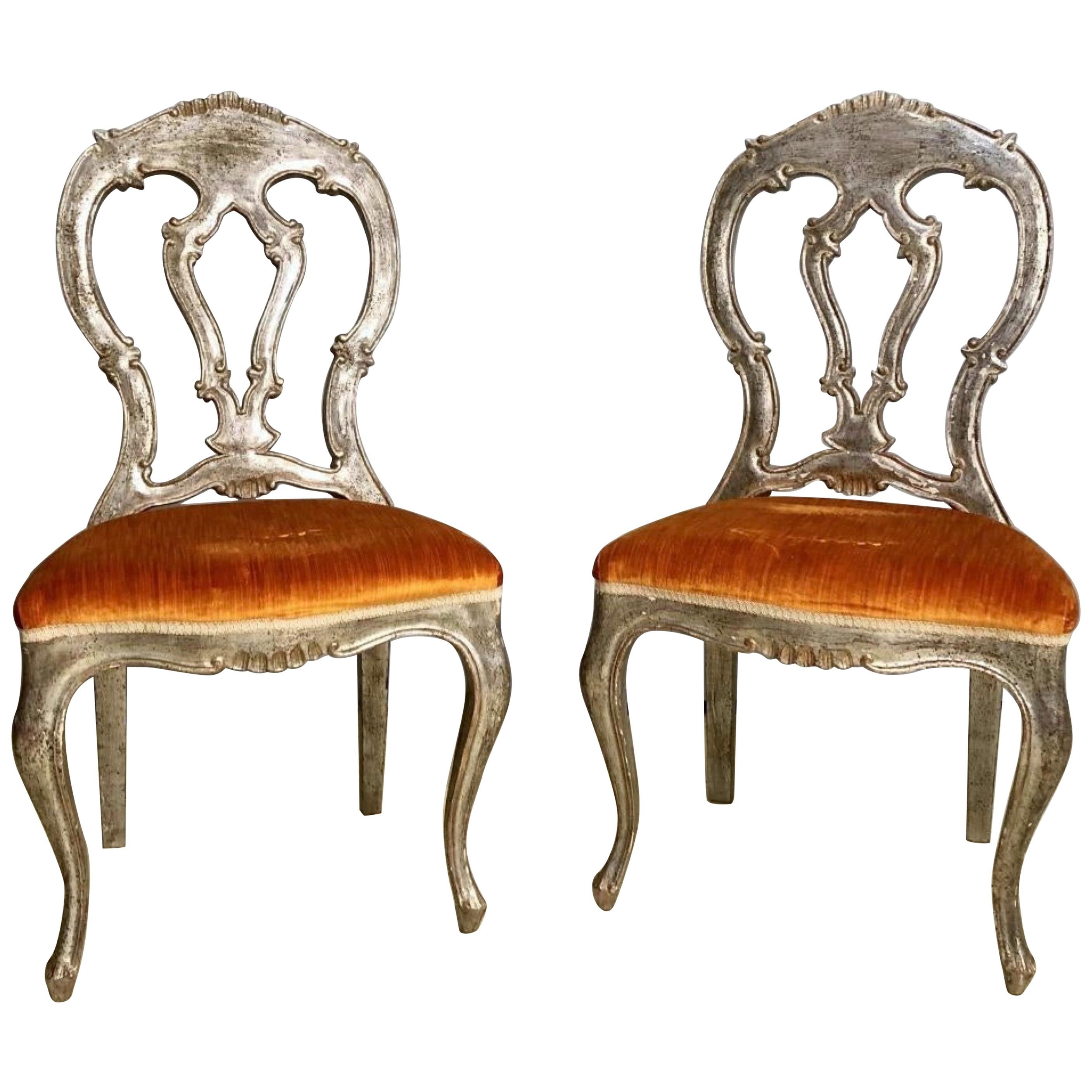 Pair of Silvered Italian Rococo Side Chairs