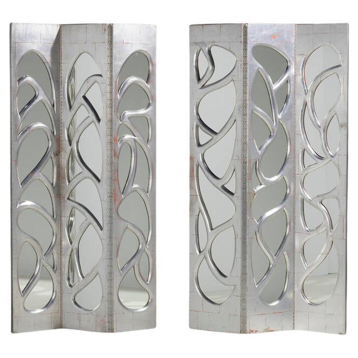 Pair of Silvered Leaf Carved Wood Folding Screen by Philip Lloyd Powell For Sale