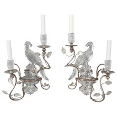 Pair of Silvered Maison Baguès Style Glass Parrot Sconces