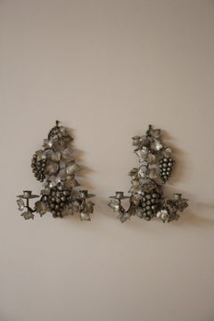 Pair of Silvered Metal Grape Vine Wall Sconces, Circa 1950