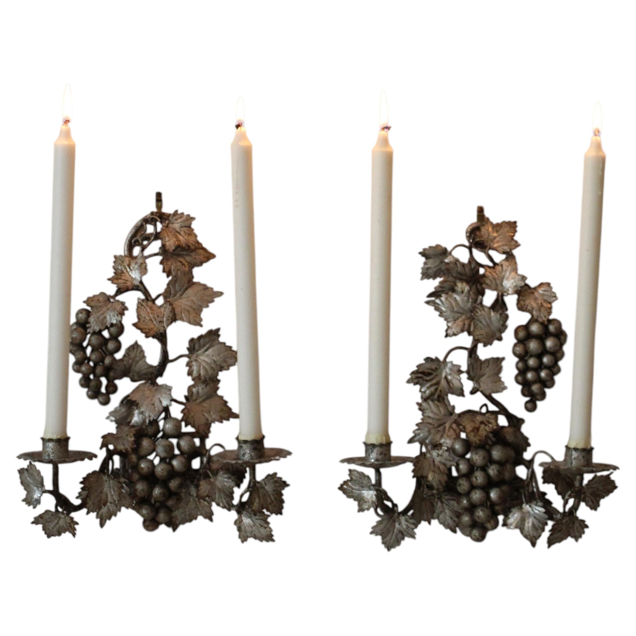 Pair of Silvered Metal Grape Vine Wall Sconces, Circa 1950 For Sale