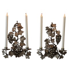 Pair of Silvered Metal Grape Vine Wall Sconces, Circa 1950