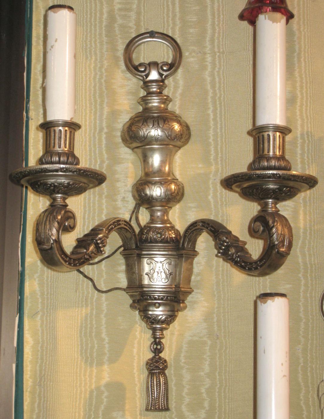 American Pair of Silvered Metal Two-Arm Wall Light Sconces Attributed to Caldwell & Co For Sale