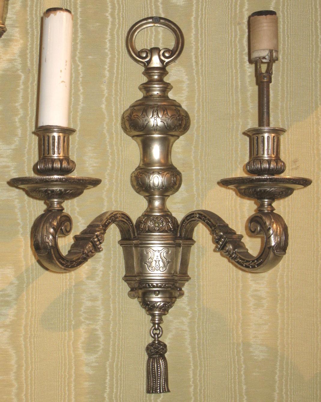 Pair of Silvered Metal Two-Arm Wall Light Sconces Attributed to Caldwell & Co In Good Condition For Sale In New York, NY