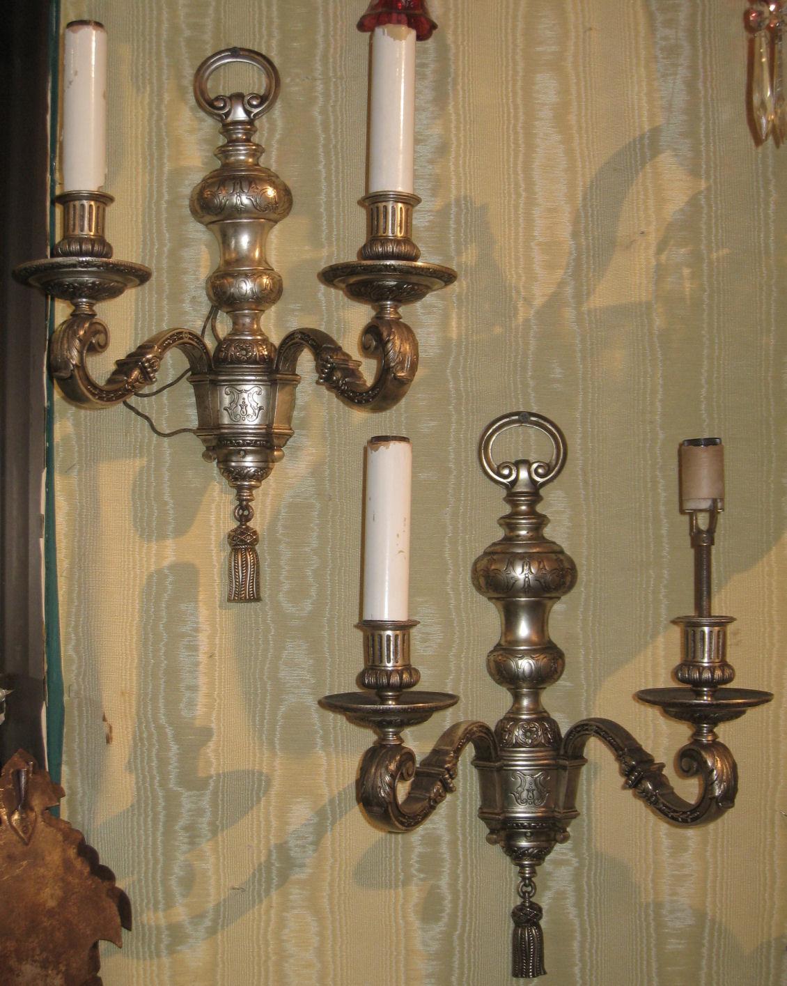 20th Century Pair of Silvered Metal Two-Arm Wall Light Sconces Attributed to Caldwell & Co For Sale