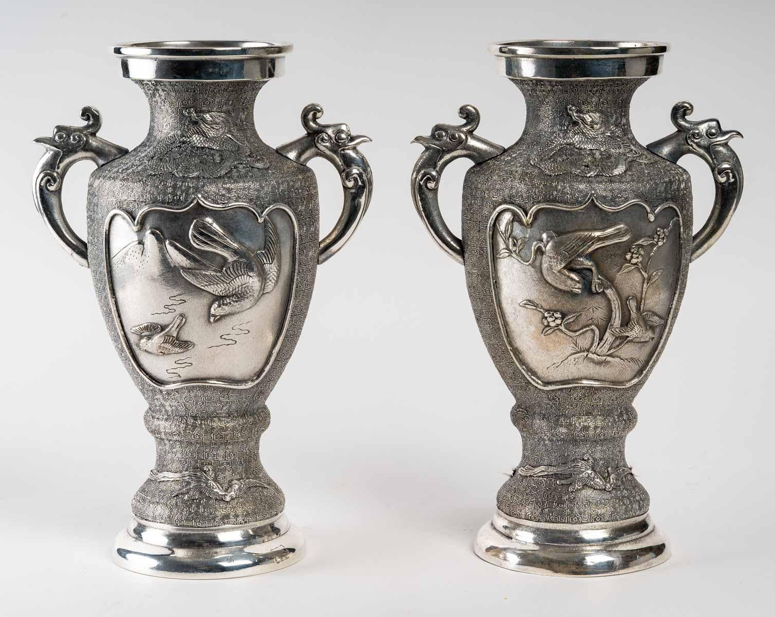 Asian Pair of Silvered Metal Vases, Asia For Sale