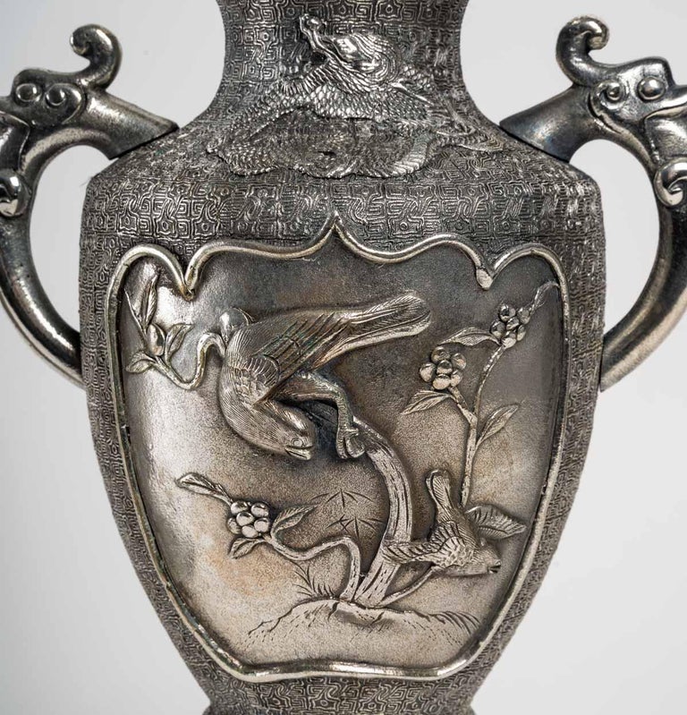 Pair of Silvered Metal Vases, Asia For Sale at 1stDibs