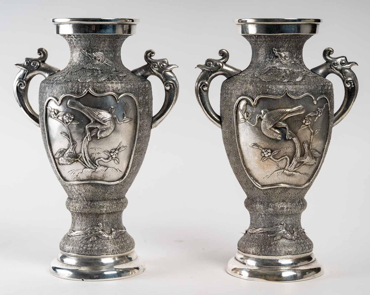 Pair of Silvered Metal Vases, Asia For Sale 4