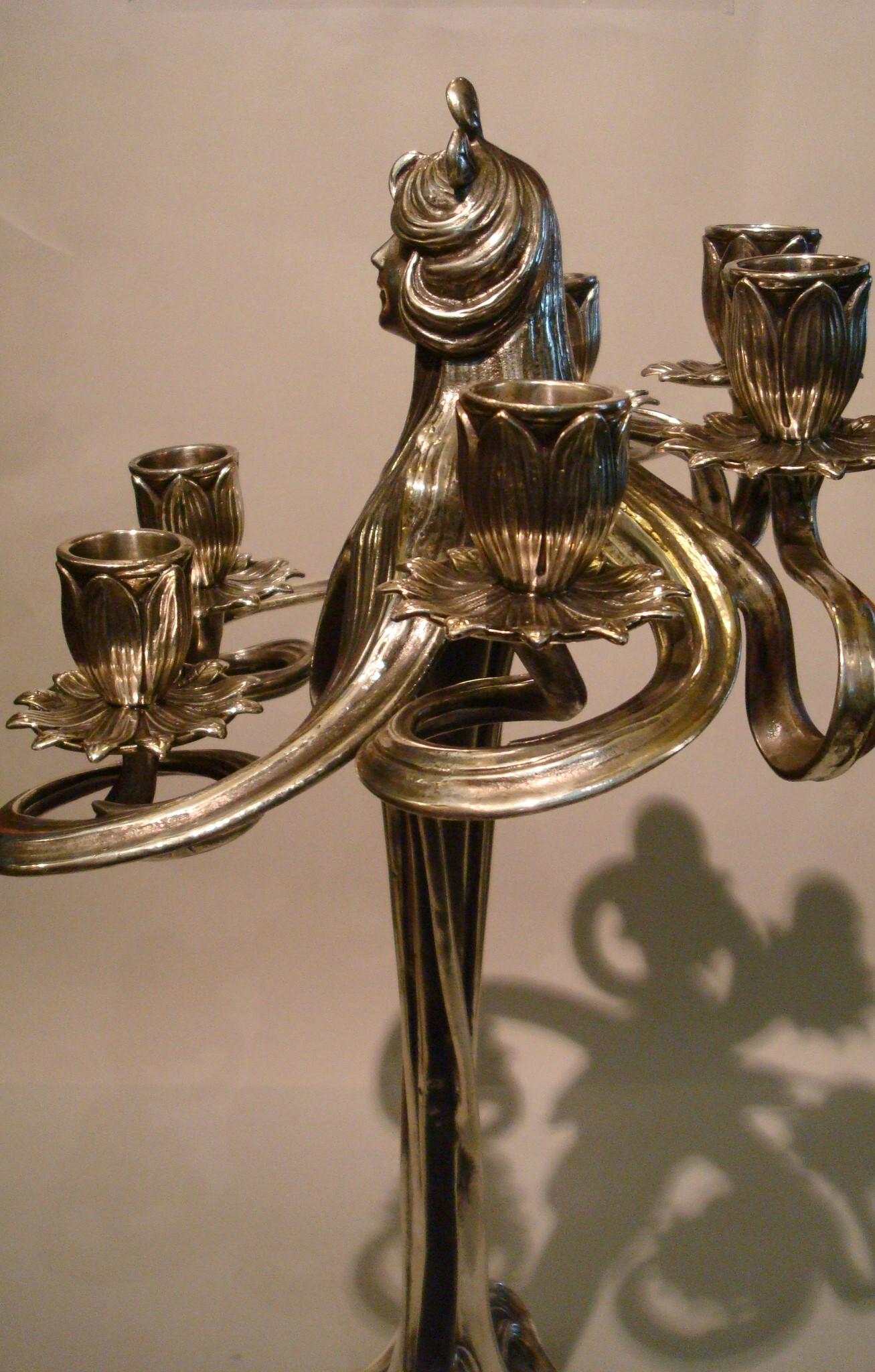 German Pair of Silvered Pewter Art Nouveau Candelabra by Achille Gamba For Sale