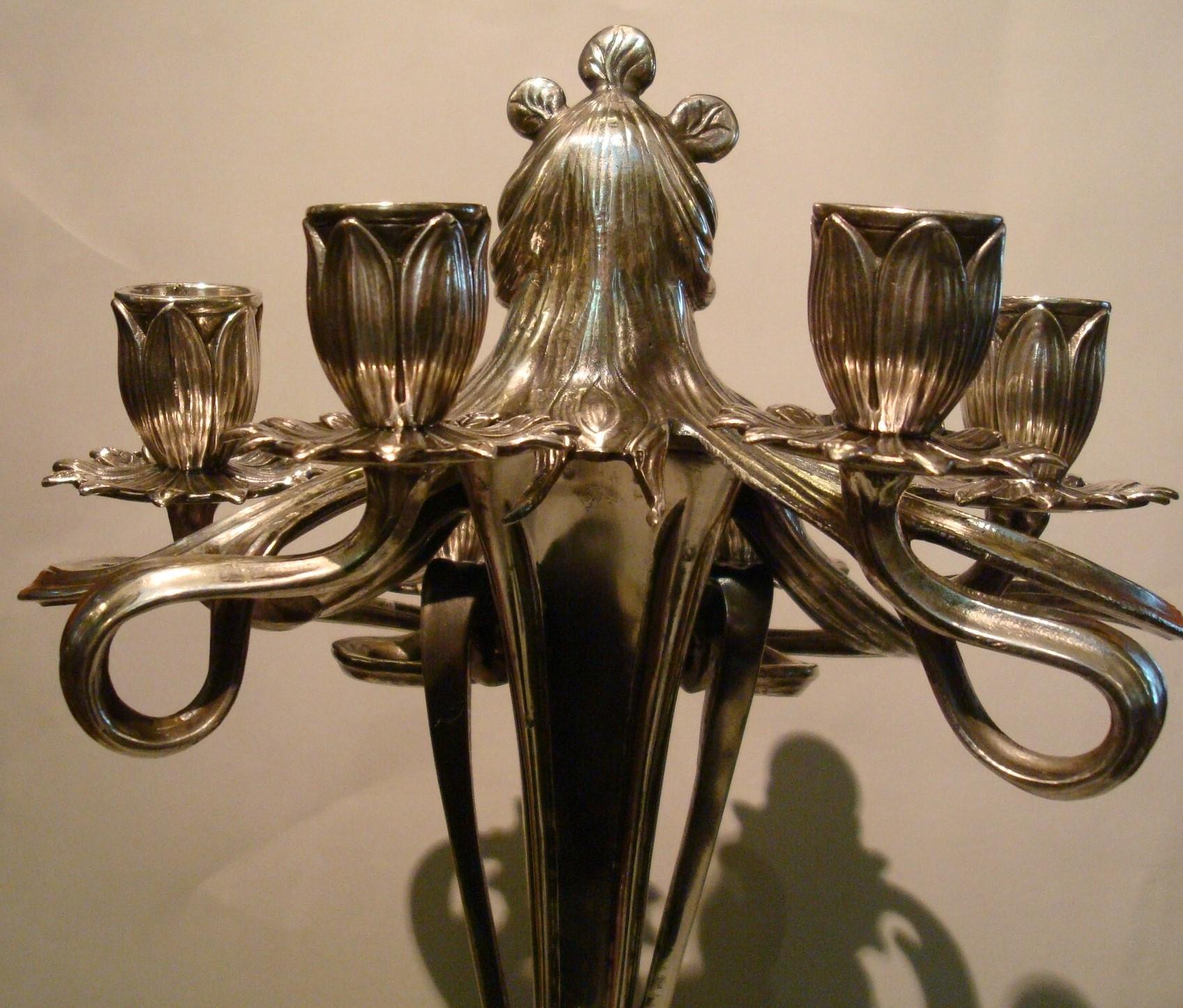 20th Century Pair of Silvered Pewter Art Nouveau Candelabra by Achille Gamba For Sale