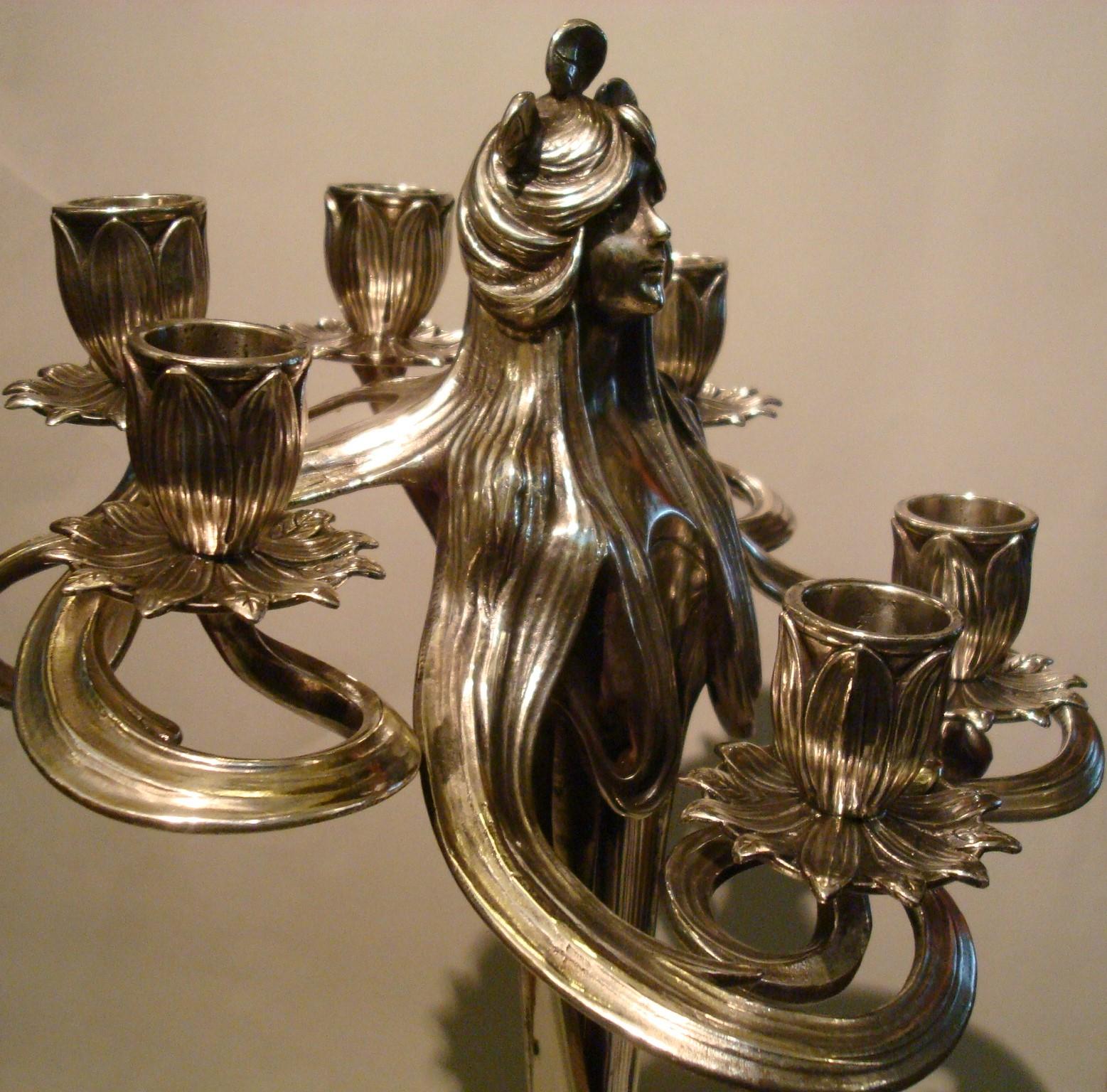 Pair of Silvered Pewter Art Nouveau Candelabra by Achille Gamba For Sale 1