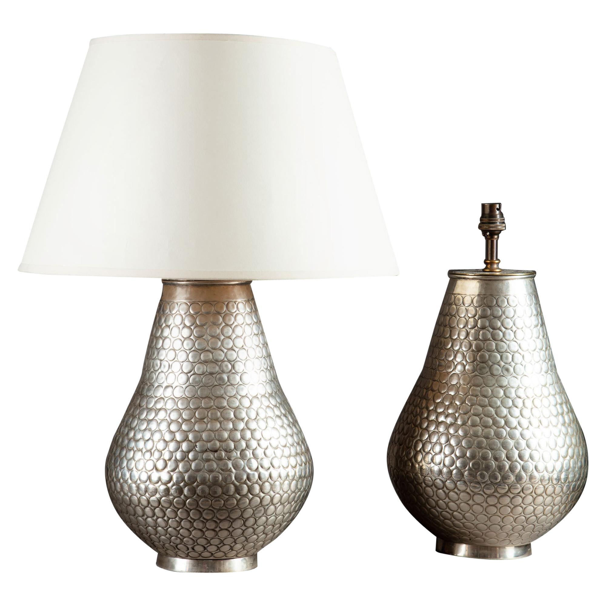 Pair of Silvered Punched Metal Vases as Table Lamps For Sale