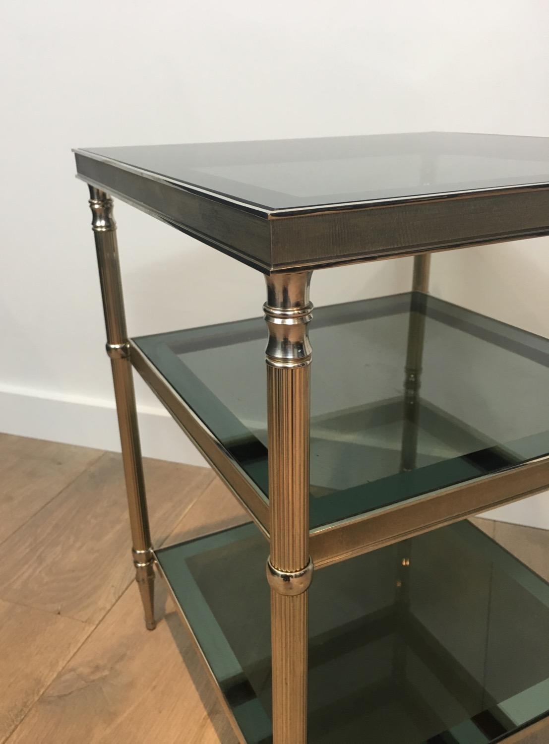 Pair of Silvered Side Tables with Blueish Glass Top, Attributed to Maison Jansen 2