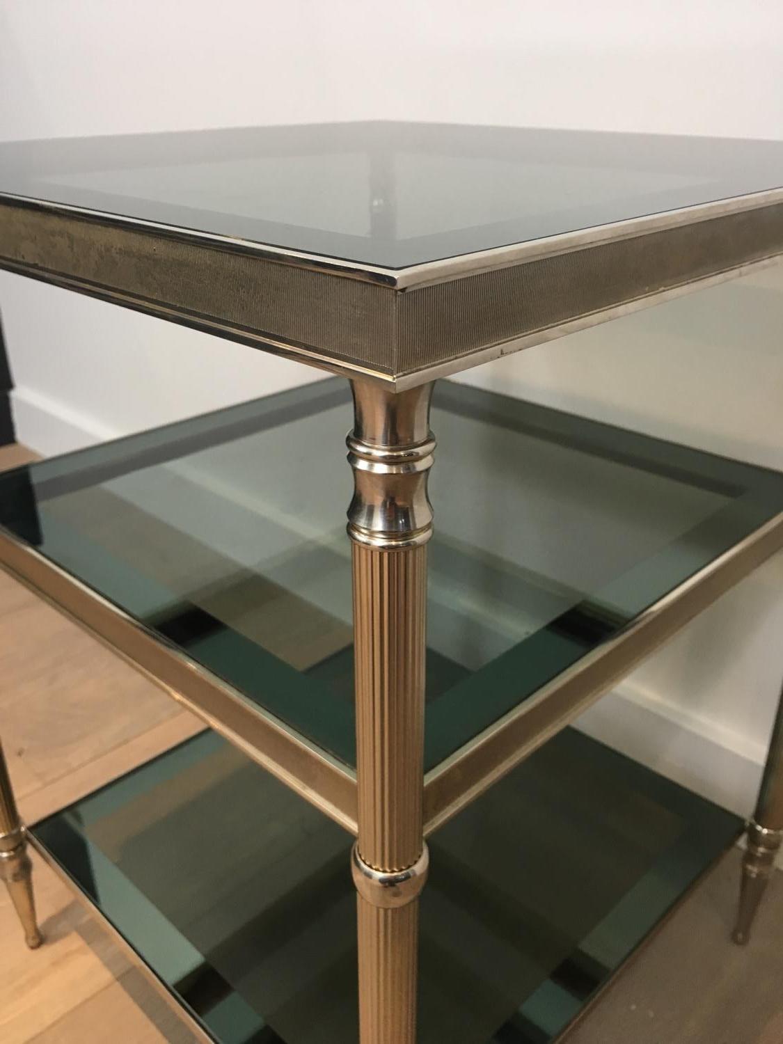 Pair of Silvered Side Tables with Blueish Glass Top, Attributed to Maison Jansen 4