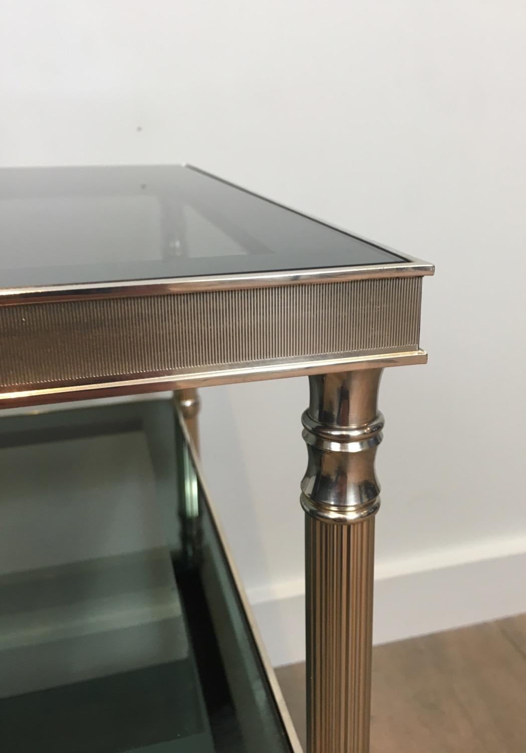 Pair of Silvered Side Tables with Blueish Glass Top, Attributed to Maison Jansen 7