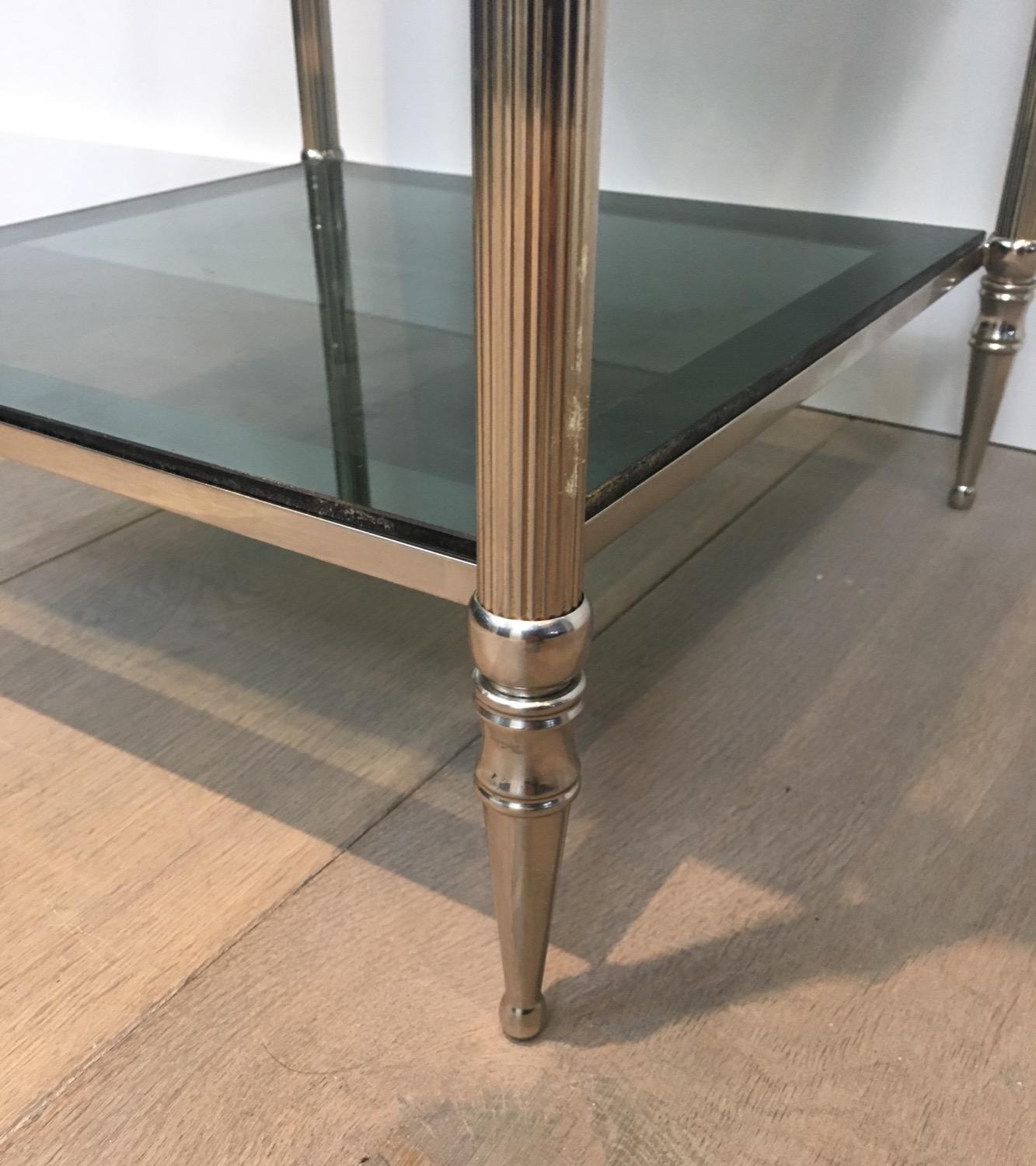 Pair of Silvered Side Tables with Blueish Glass Top, Attributed to Maison Jansen 8