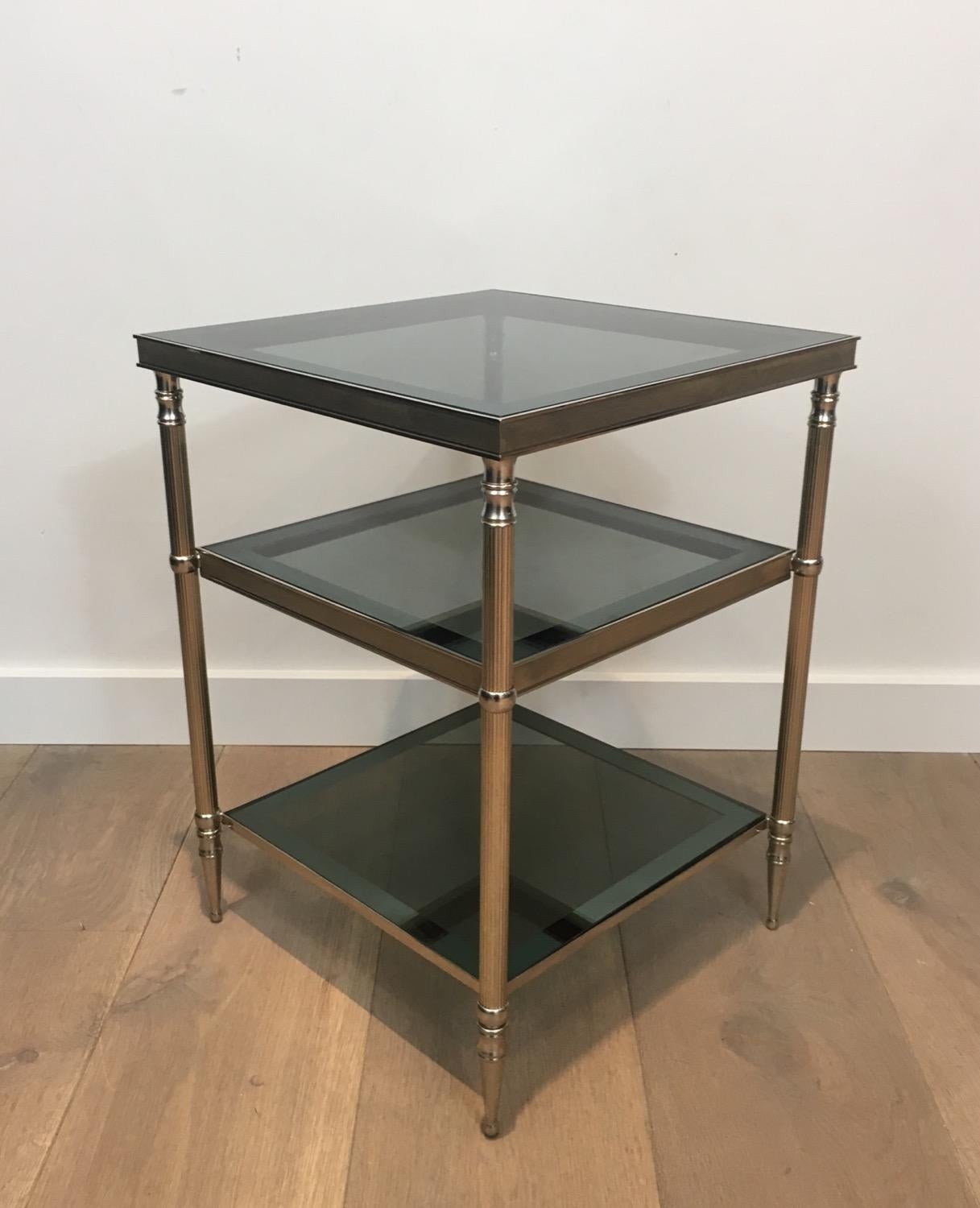 Pair of Silvered Side Tables with Blueish Glass Top, Attributed to Maison Jansen 10