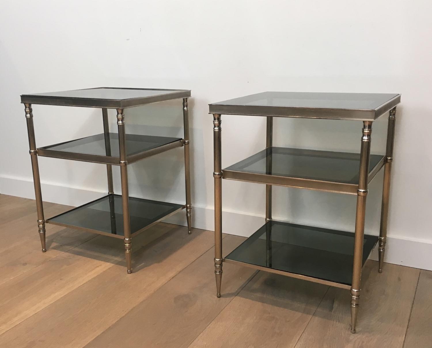 Pair of Silvered Side Tables with Blueish Glass Top, Attributed to Maison Jansen 11