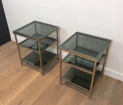 Pair of Silvered Side Tables with Blueish Glass Top, Attributed to Maison Jansen