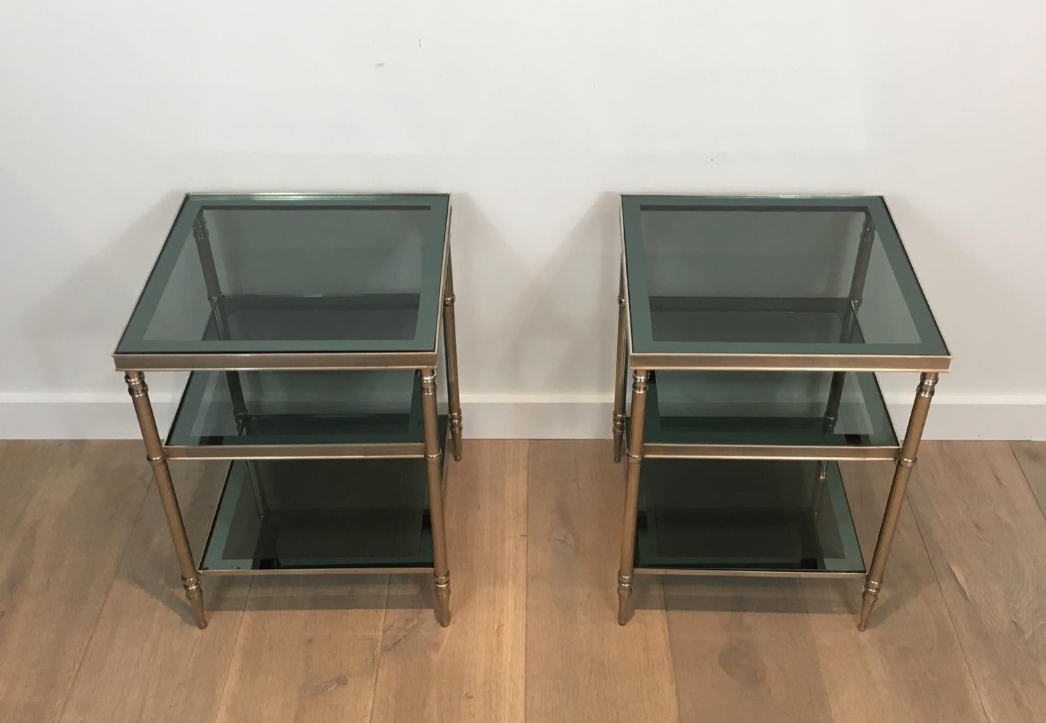 Pair of Silvered Side Tables with Blueish Glass Top, Attributed to Maison Jansen 13
