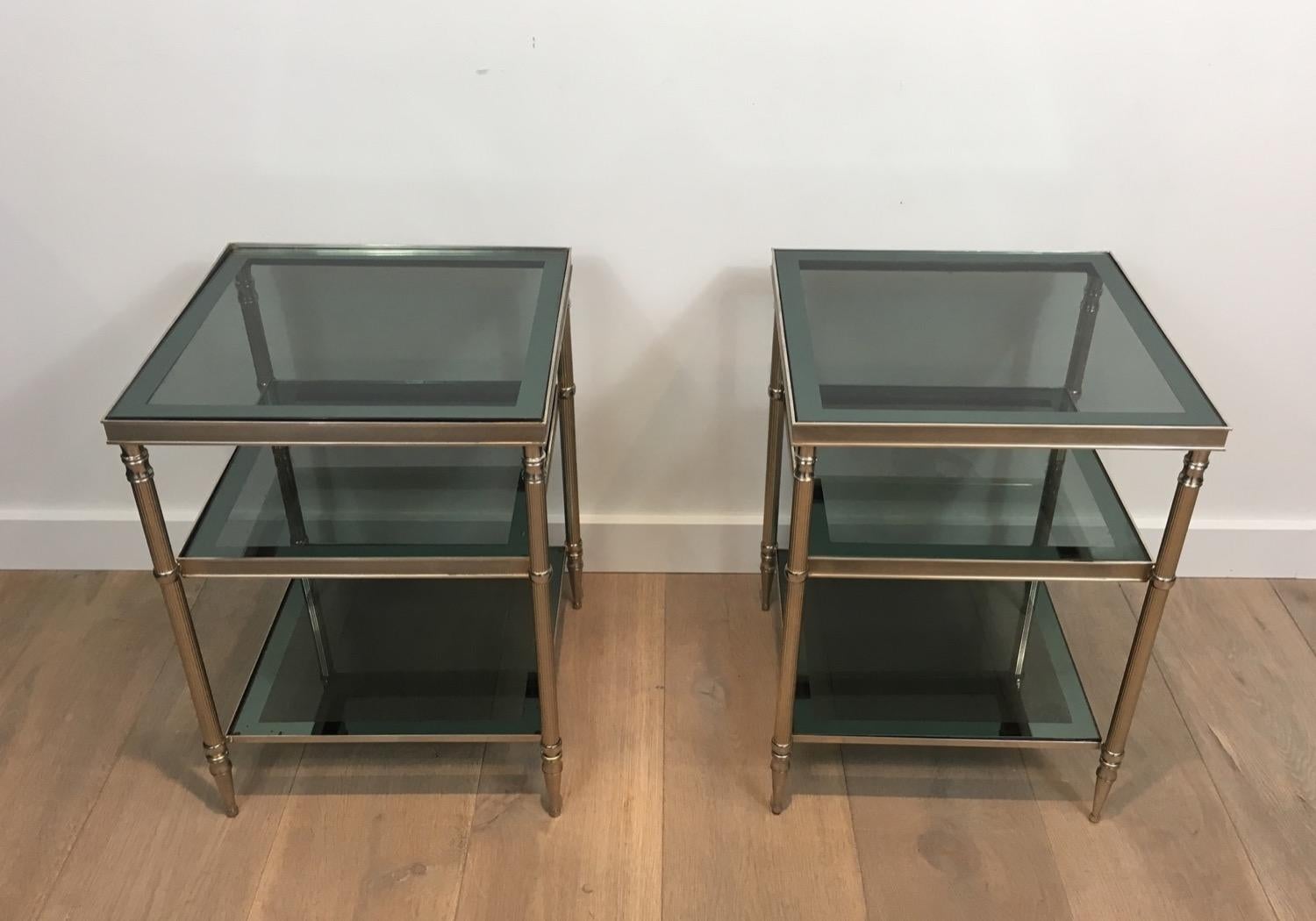 Neoclassical Pair of Silvered Side Tables with Blueish Glass Top, Attributed to Maison Jansen