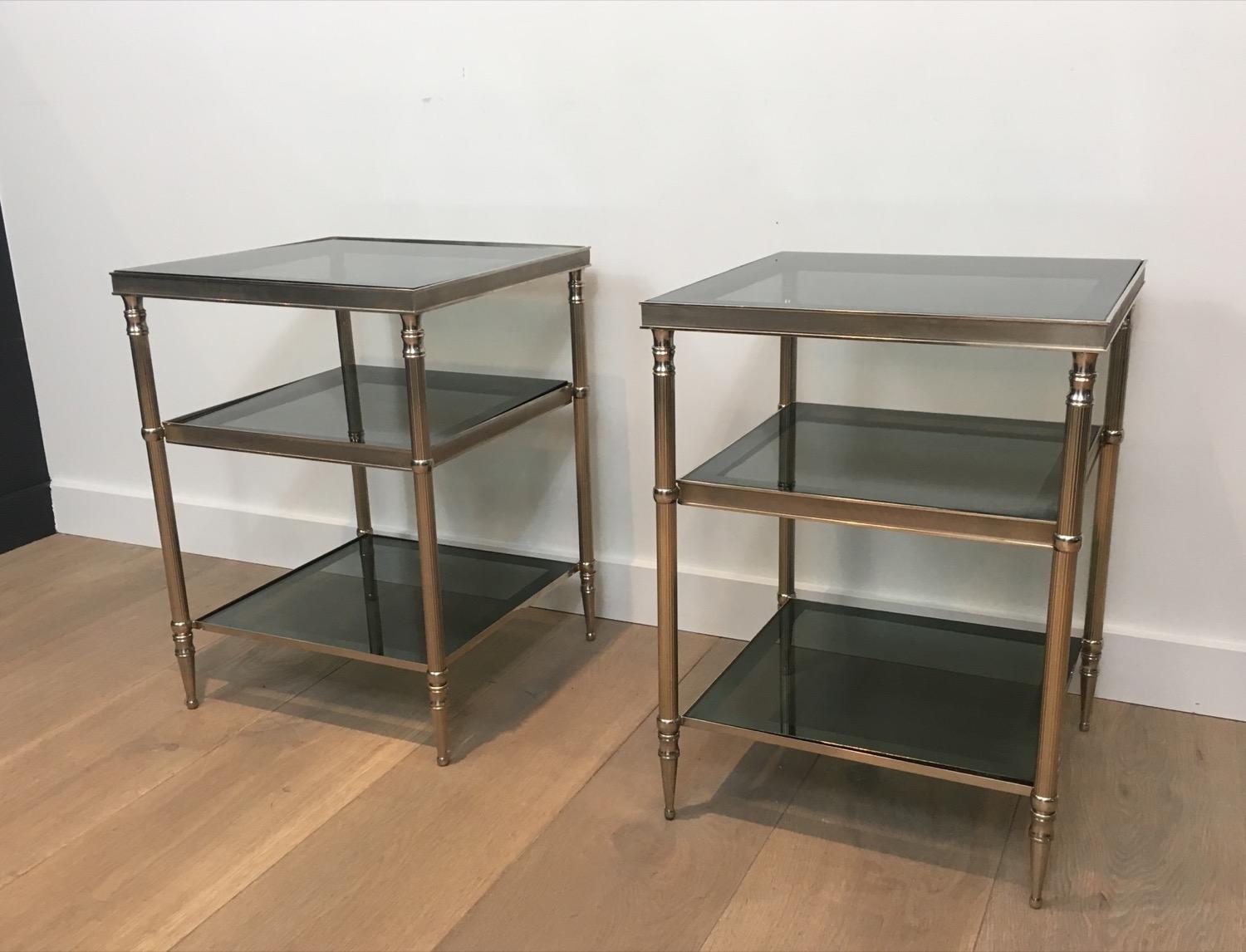 French Pair of Silvered Side Tables with Blueish Glass Top, Attributed to Maison Jansen