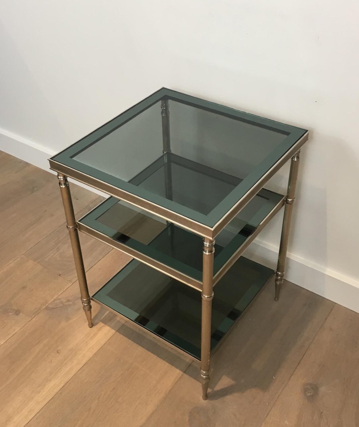 Pair of Silvered Side Tables with Blueish Glass Top, Attributed to Maison Jansen In Good Condition In Marcq-en-Barœul, Hauts-de-France