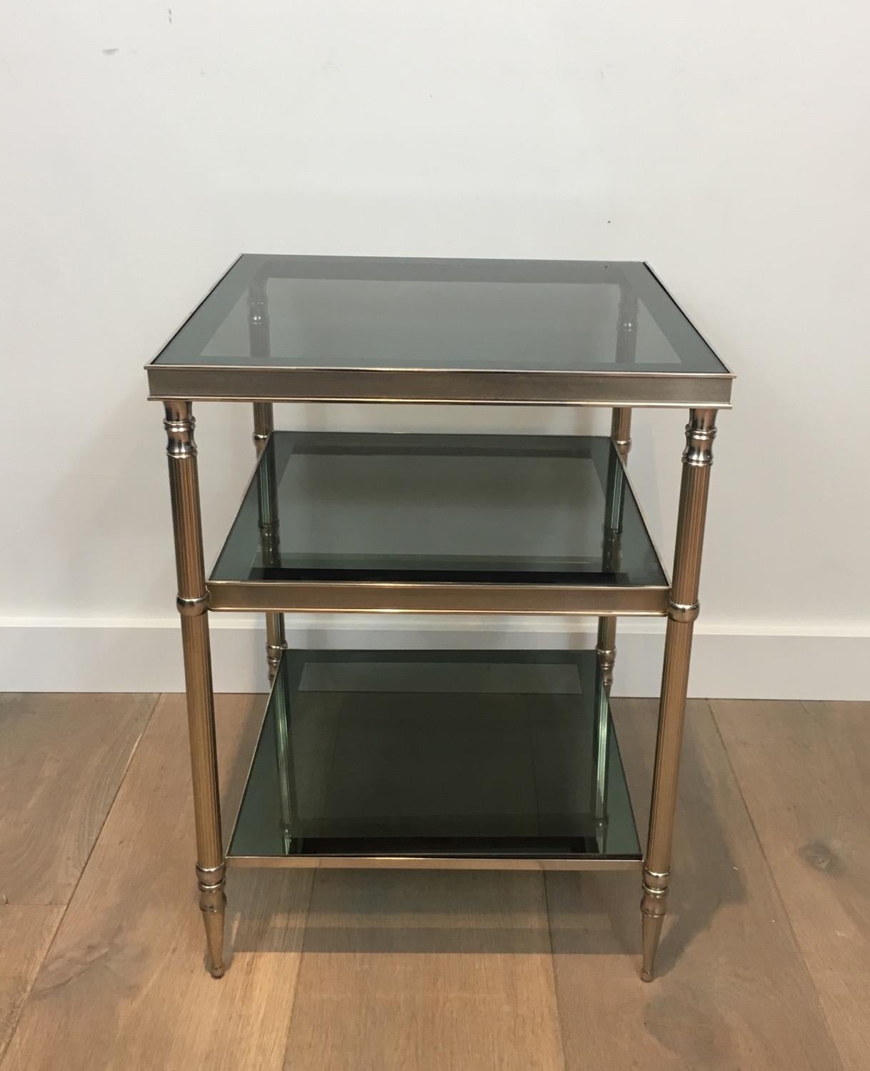 Mid-20th Century Pair of Silvered Side Tables with Blueish Glass Top, Attributed to Maison Jansen