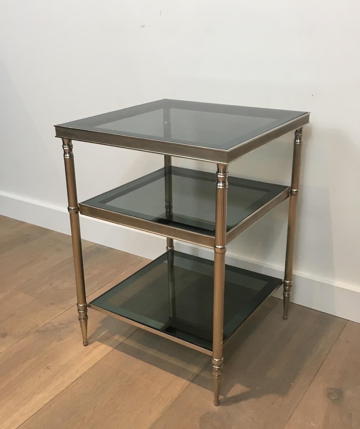Nickel Pair of Silvered Side Tables with Blueish Glass Top, Attributed to Maison Jansen