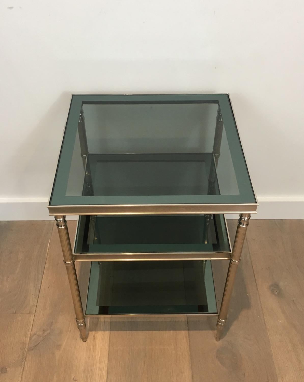 Pair of Silvered Side Tables with Blueish Glass Top, Attributed to Maison Jansen (Nickel)