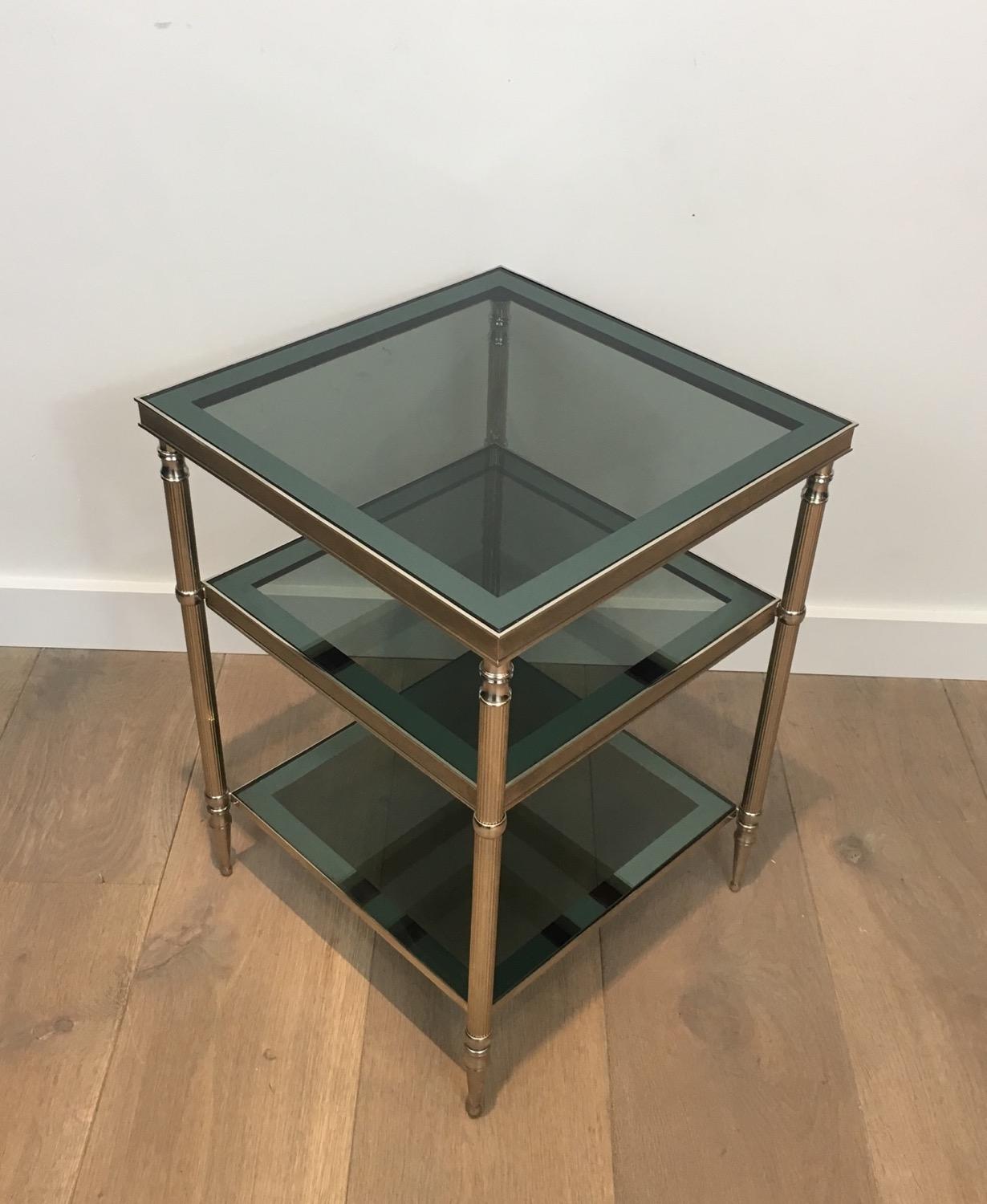 Pair of Silvered Side Tables with Blueish Glass Top, Attributed to Maison Jansen 1