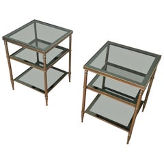 Pair of Silvered Side Tables with Blueish Glass Top, Attributed to Maison Jansen