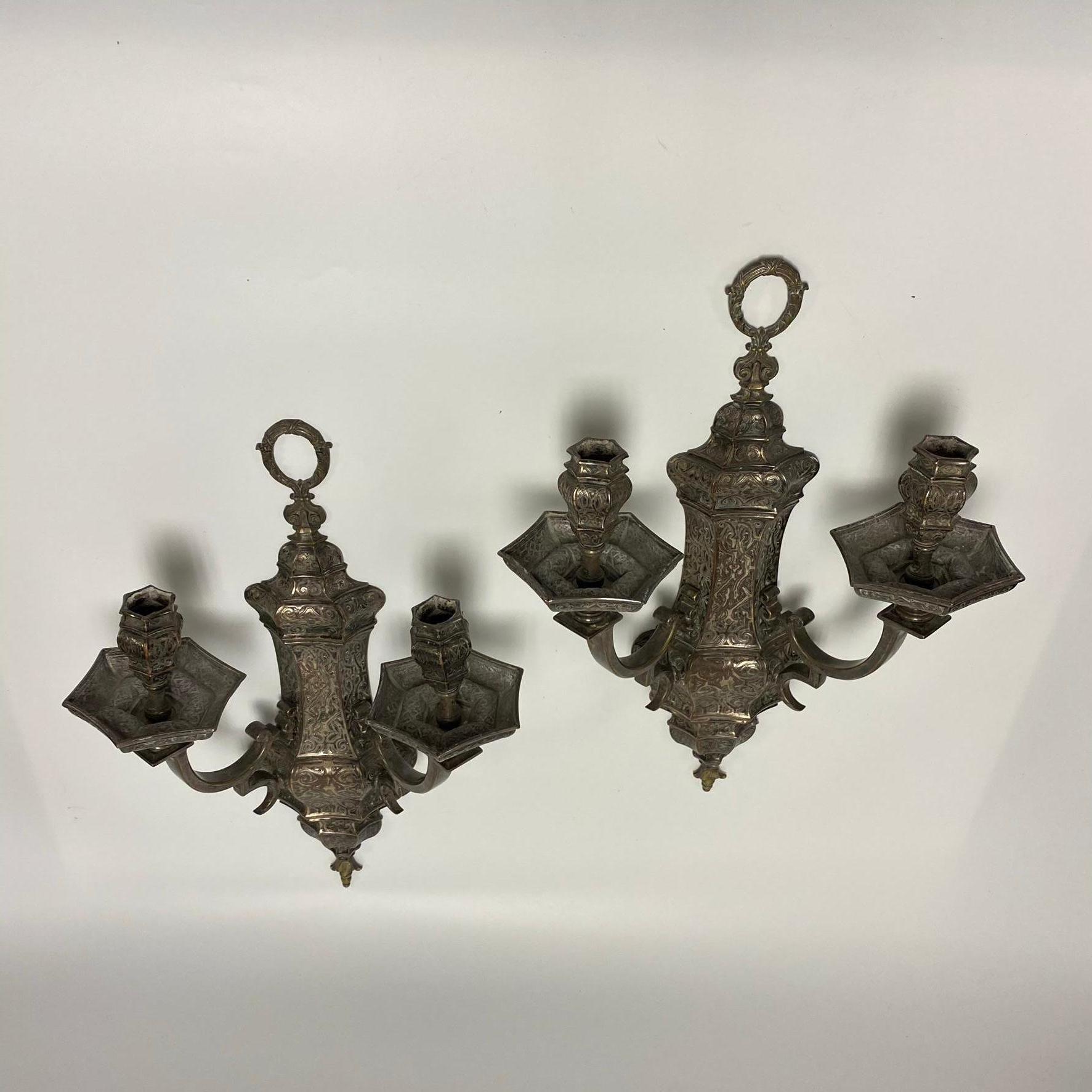 Pair of Silvered Two-Light Wall Sconces Attributed to Caldwell & Co For Sale 5