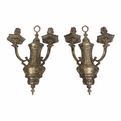 Pair Antique Renaissance Style Silvered 2-Light Wall Sconces by Edward Caldwell