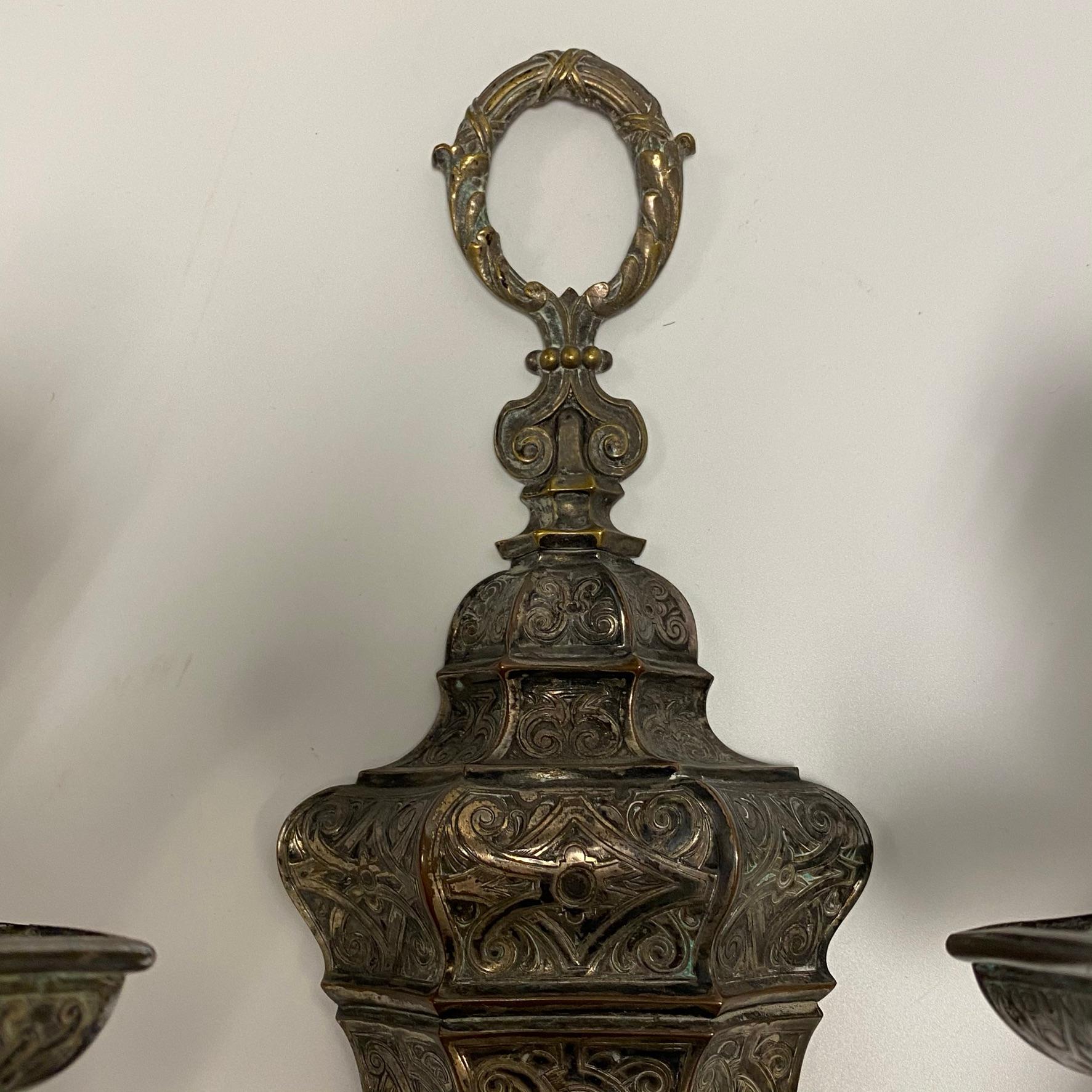 Bronze Pair of Silvered Two-Light Wall Sconces Attributed to Caldwell & Co For Sale