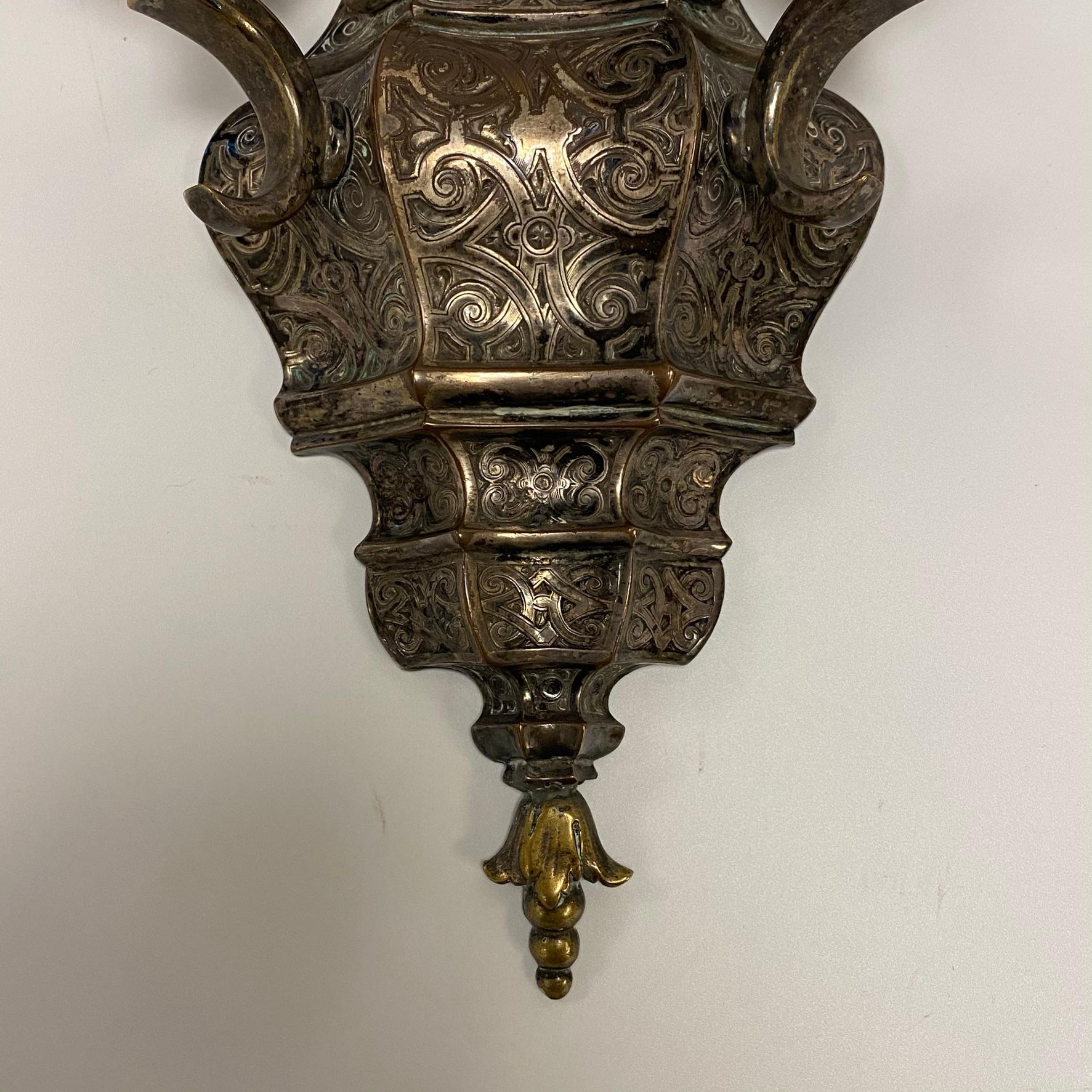 Pair of Silvered Two-Light Wall Sconces Attributed to Caldwell & Co For Sale 2