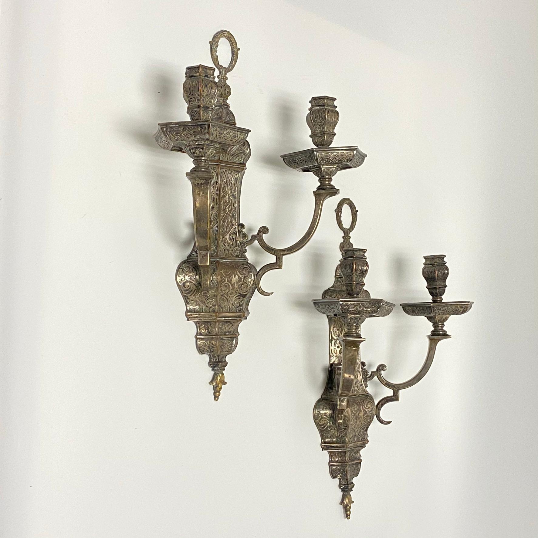 American Pair of Silvered Two-Light Wall Sconces Attributed to Caldwell & Co For Sale