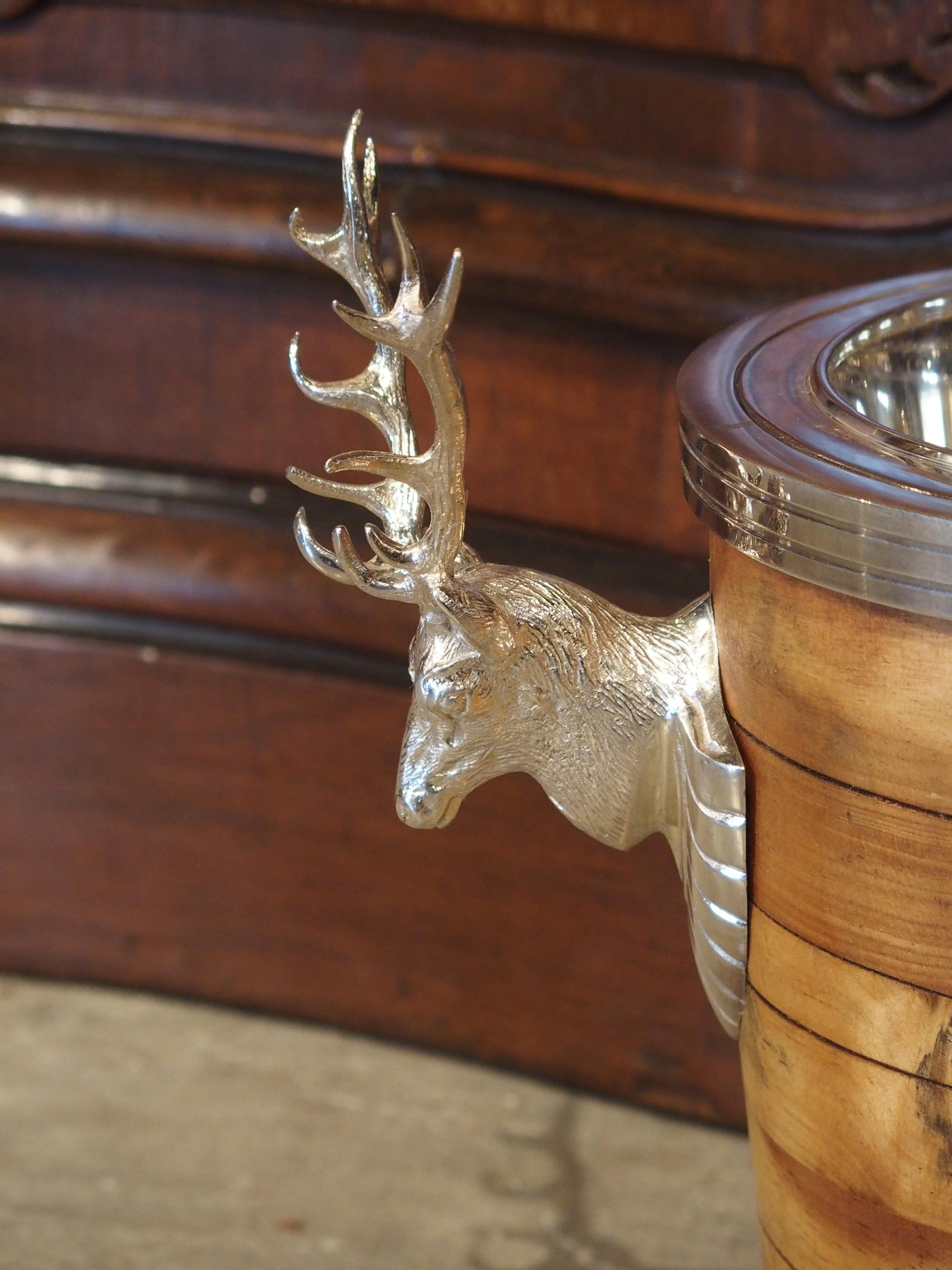 Pair of Silverplate and Wood Wine Coolers with Mounted Stags and Cartouches 4