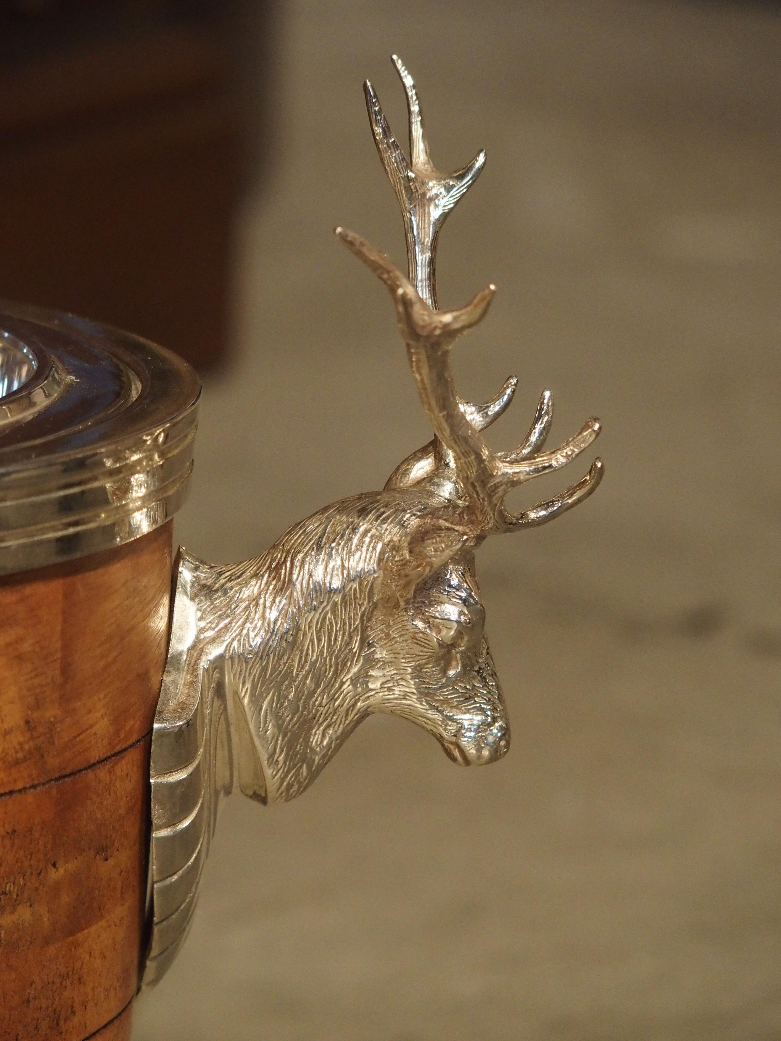 Pair of Silverplate and Wood Wine Coolers with Mounted Stags and Cartouches 7