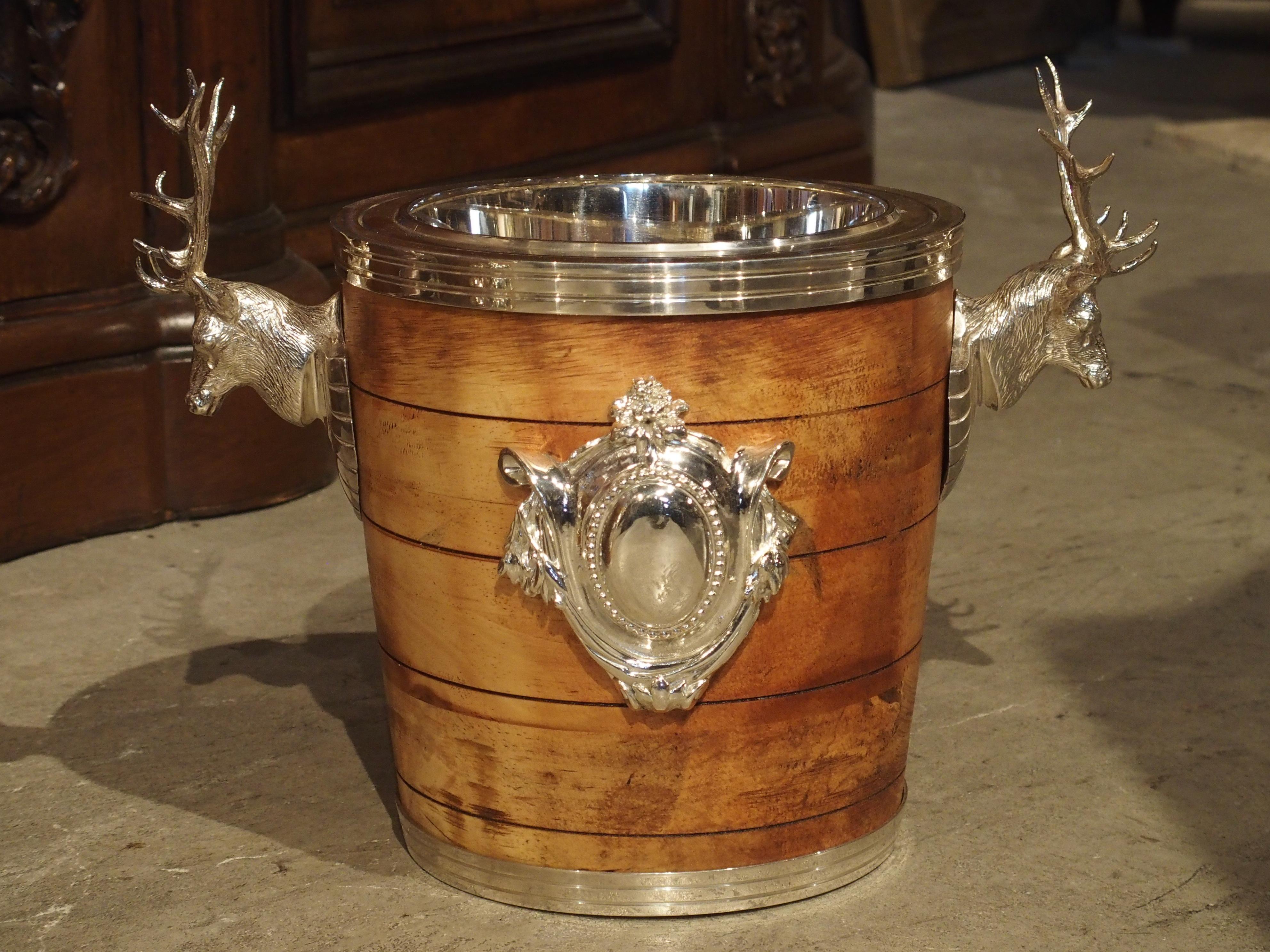 Pair of Silverplate and Wood Wine Coolers with Mounted Stags and Cartouches 10