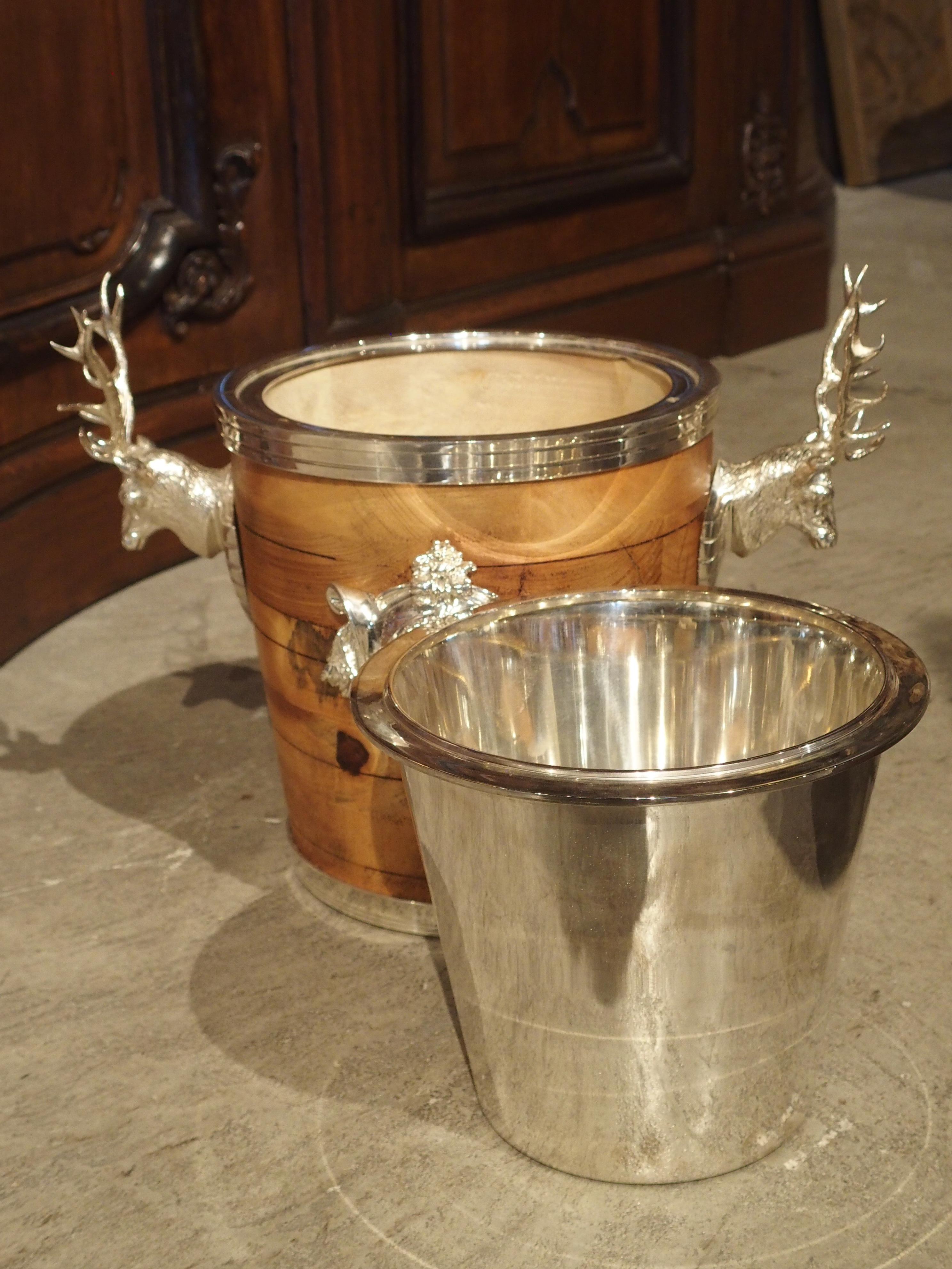 Pair of Silverplate and Wood Wine Coolers with Mounted Stags and Cartouches 13