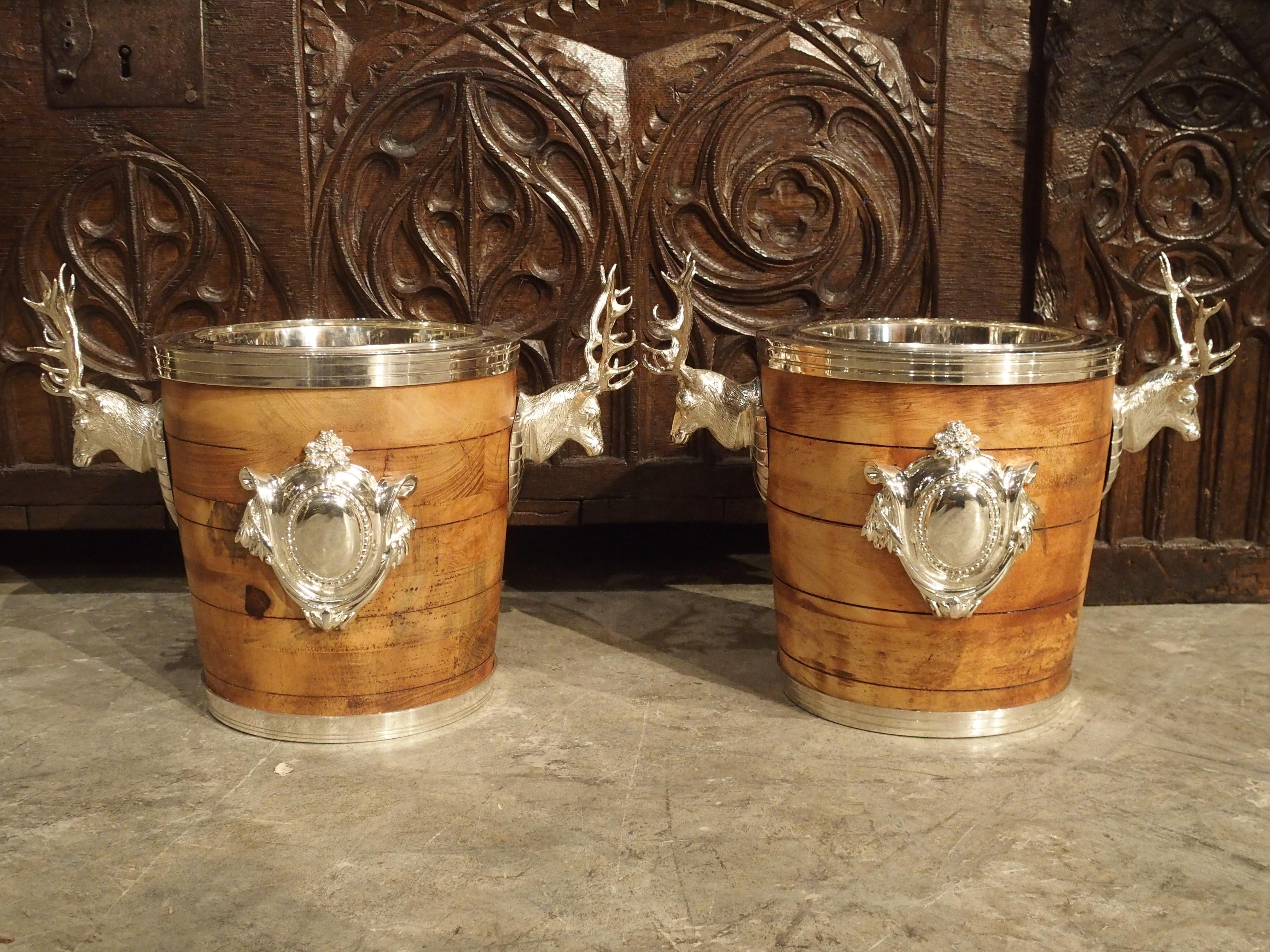 Pair of Silverplate and Wood Wine Coolers with Mounted Stags and Cartouches 14