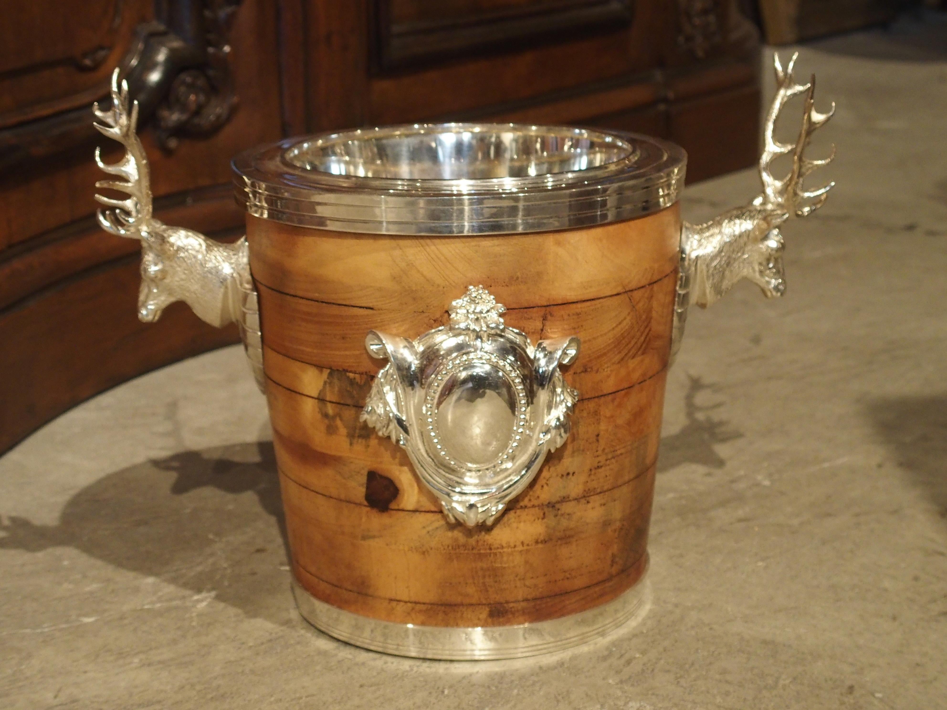 English Pair of Silverplate and Wood Wine Coolers with Mounted Stags and Cartouches