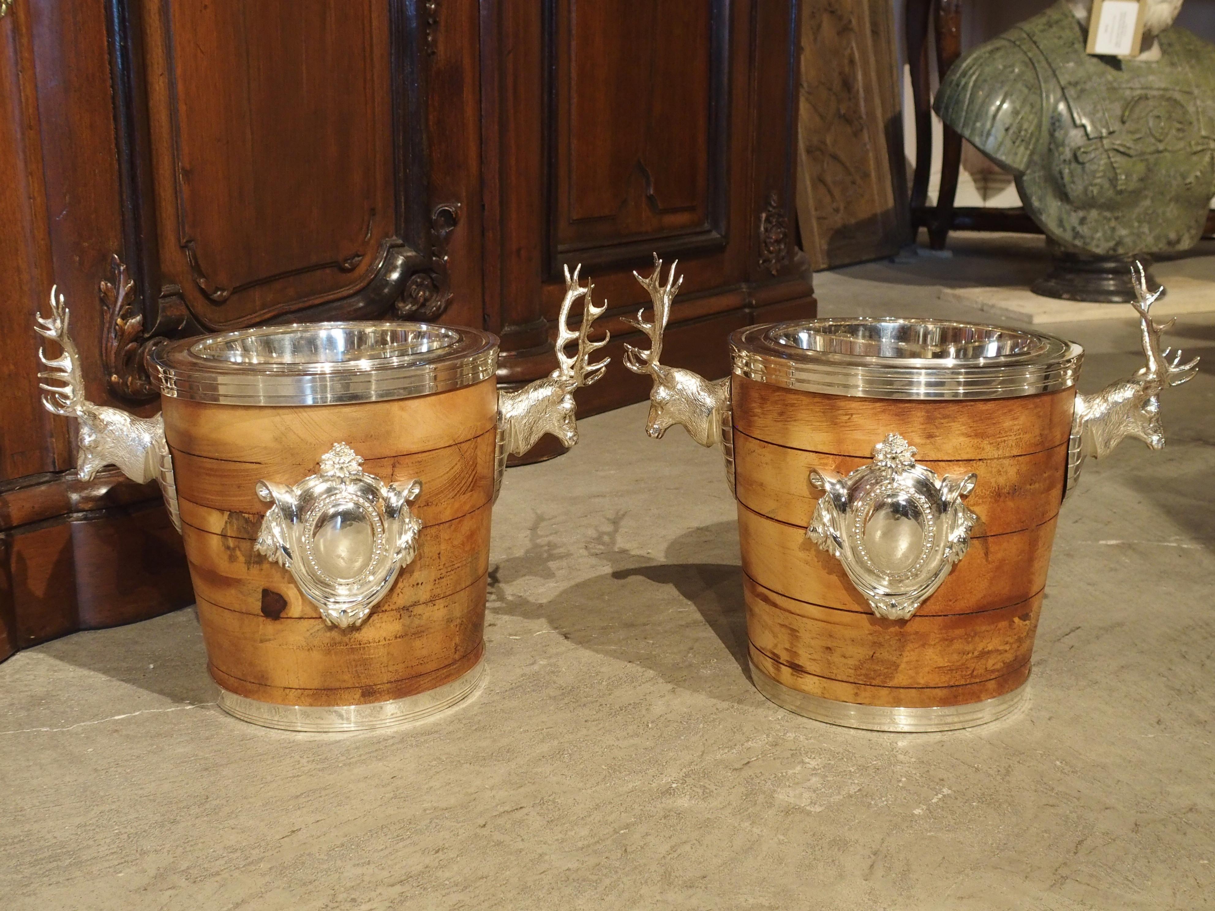 20th Century Pair of Silverplate and Wood Wine Coolers with Mounted Stags and Cartouches
